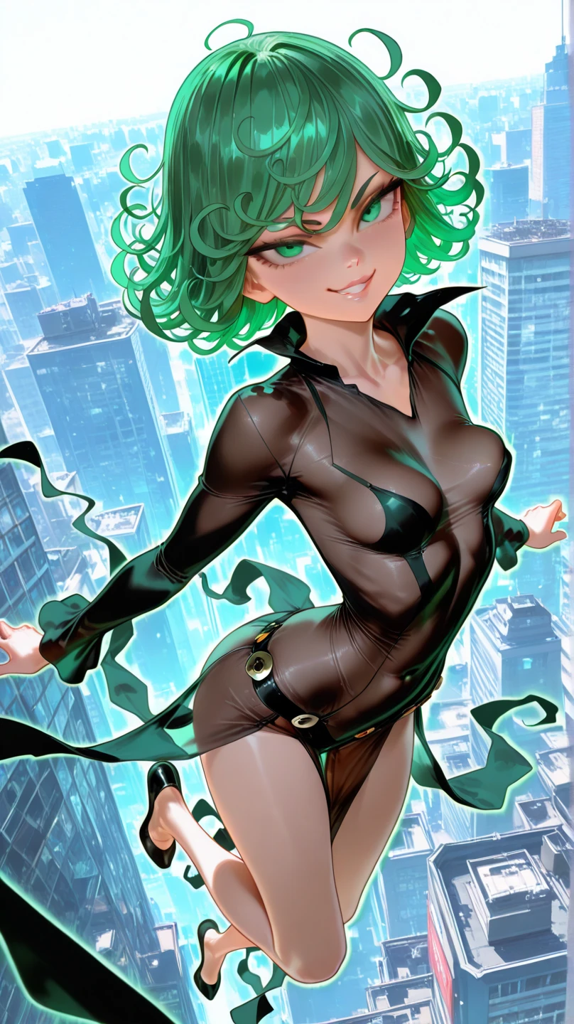 ((1girl)),((alone)), tatsumaki,(masterpiece), (best quality), (ultra detailed), (best illustration), (best shadow), (absurdities), sharp focus, cowboy shot, dynamic posture to the viewer, small breasts, narrow waist, wide hips, horrible thighs, round butt, naked, erotic, romantic, (very detailed eyes, lips 1.1), very detailed eyes, eyes, Very detailed face, Very beautiful face, height full, beautiful slim figure, femininity, expressive appearance, elastic small breasts, increased sexuality, serious look, angry, green eyes, green hair, arms crossed, black dress, long sleeves, bare legs, clouds, defined body, perfect and beautiful body , perfect and beautiful, White micro panties inserted in the crotch. closed mouth, serious expression, (sexy pose: 1.2), ((solo)), standing: 1.3, outside, futuristic cityscape, rainy city, streets, city lights, night, neon lights, looking forward ( (focus on hips:1.3), point of view (from middle), red blush, perfect anatomy, perfect hands,