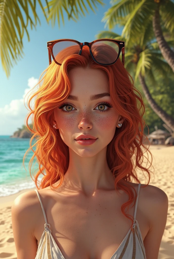 pretty girl, redhead, short curly hair, with glasses, big breasts, in bikini