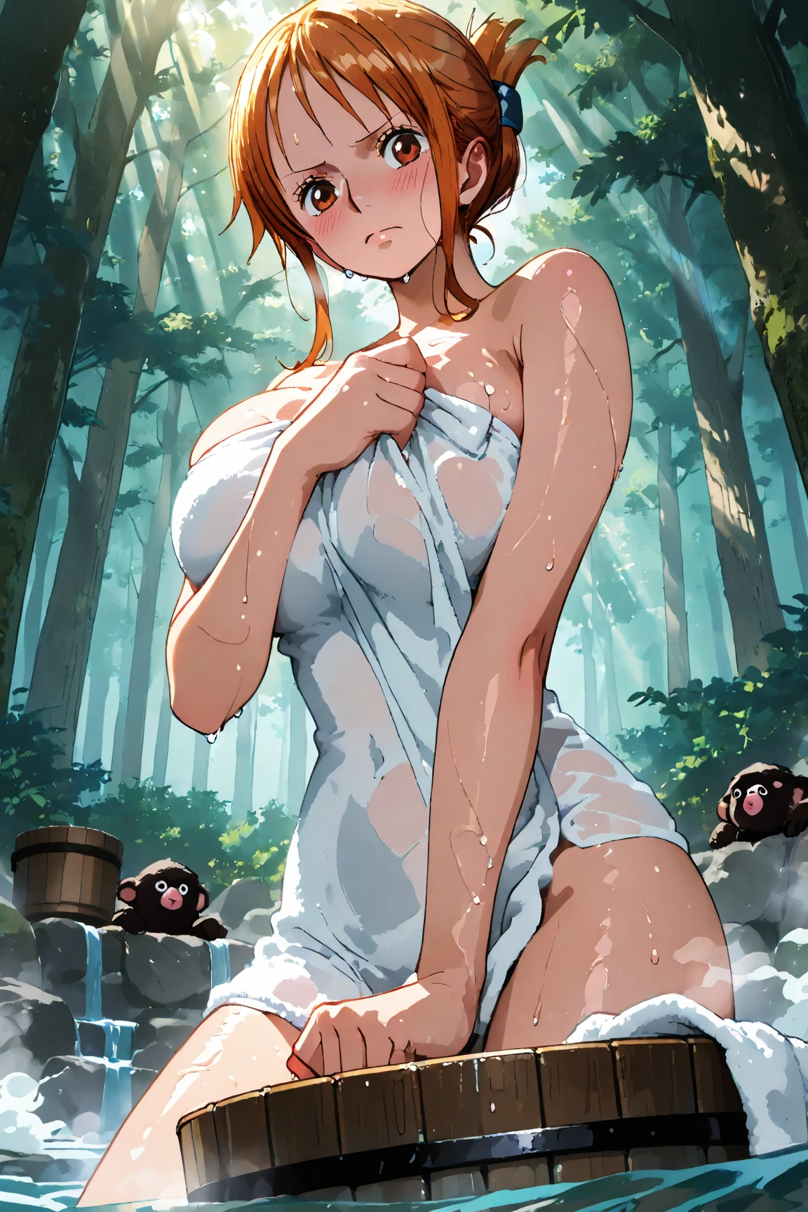 Slim beautiful woman with dog ears and a dog tail completely naked showering in a waterfall, wet hair, wet glistening skin, eyes closed, nsfw