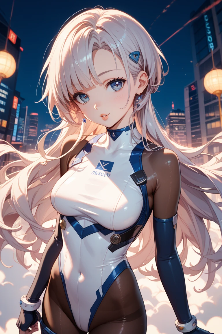 woman,,,city,night,(((white and blue tight miniskirt bodysuit))),,open mouth smile((See-through))glasses,((beautiful long ponytail)),((Baby girl bohape))