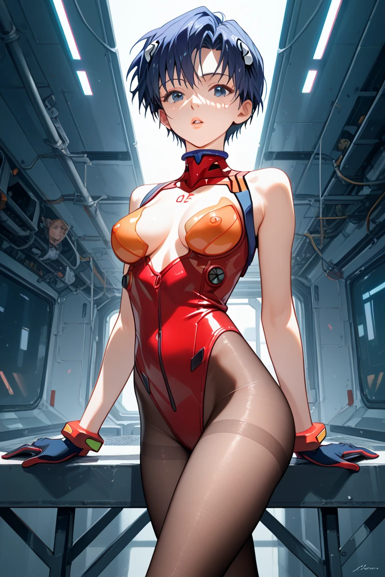 (best quality,4k,8k,highres,masterpiece:1.2),ultra-detailed,realistic,beautiful detailed eyes,beautiful detailed lips,extremely detailed eyes and face,long eyelashes,naked,green hair, short hair,blue eyes,red mecha headgear, small waist, skinny legs, small breasts,smiling,room,sharp focus,vivid colors, full body, sun light in front, spread legs, red sandals
