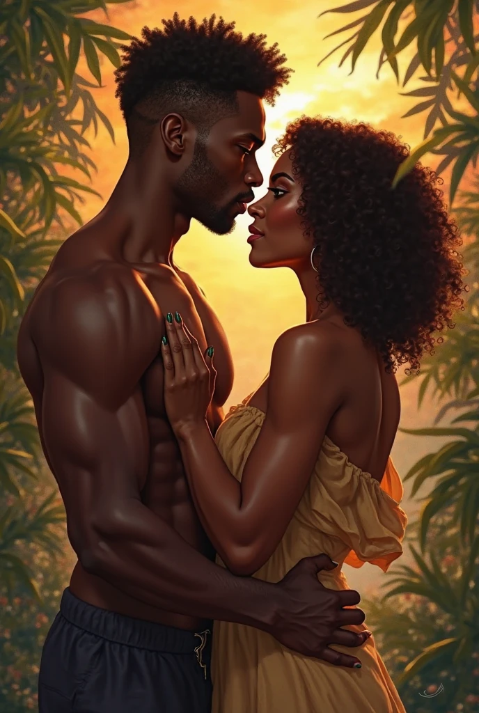 A black African girl with curly hair and big breasts sits with her fiance