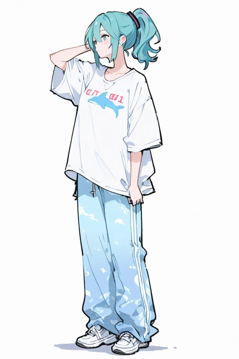1girl, hatsune miku, ponytail, dolphin pants, oversize t-shirt