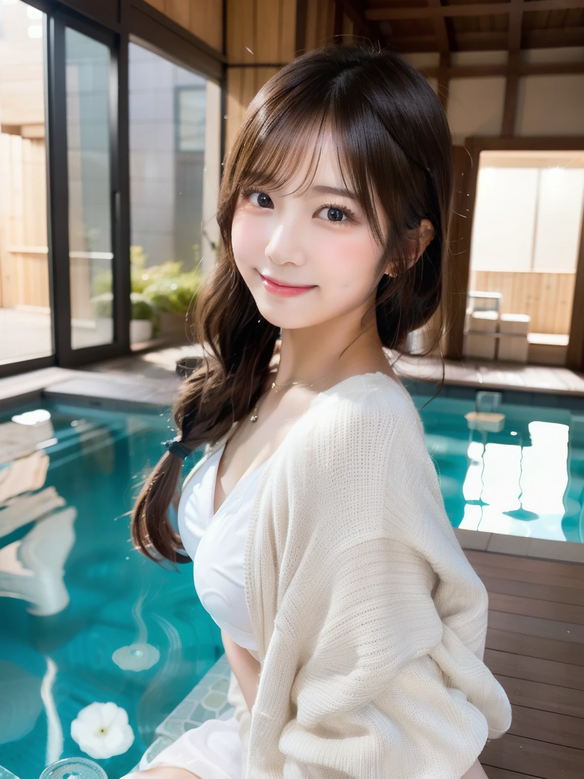 masutepiece, Best Quality, Illustration, Ultra-detailed, finely detail, hight resolution, 8K Wallpaper, Perfect dynamic composition, Beautiful detailed eyes, doress, short Hair, mid-chest, Natural Color Lip, Random and sexy poses,Smile, Blurred night pool background、20 years girl、Colossal 、Too much exposure、No shoulder knitwear(brown)、Exposing the chest、Slid、I keep my hair tied up