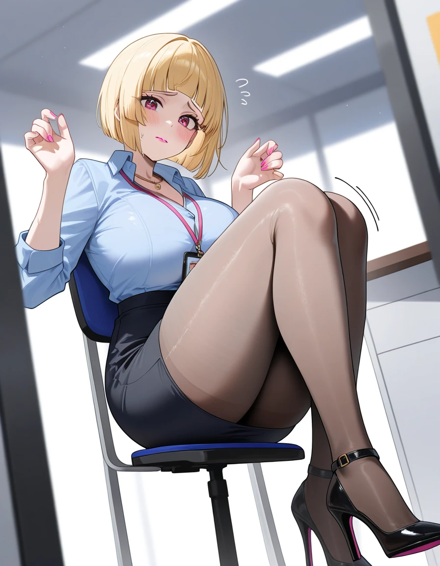 high quality, high resolution, 30 years old blonde business woman, margot robbie, Businesswoman's clothes, unbottoned black blouse, cleavage, short skirt, white stockings, sitting in her office, open spread legs, shaved pussy, high heels, sexy