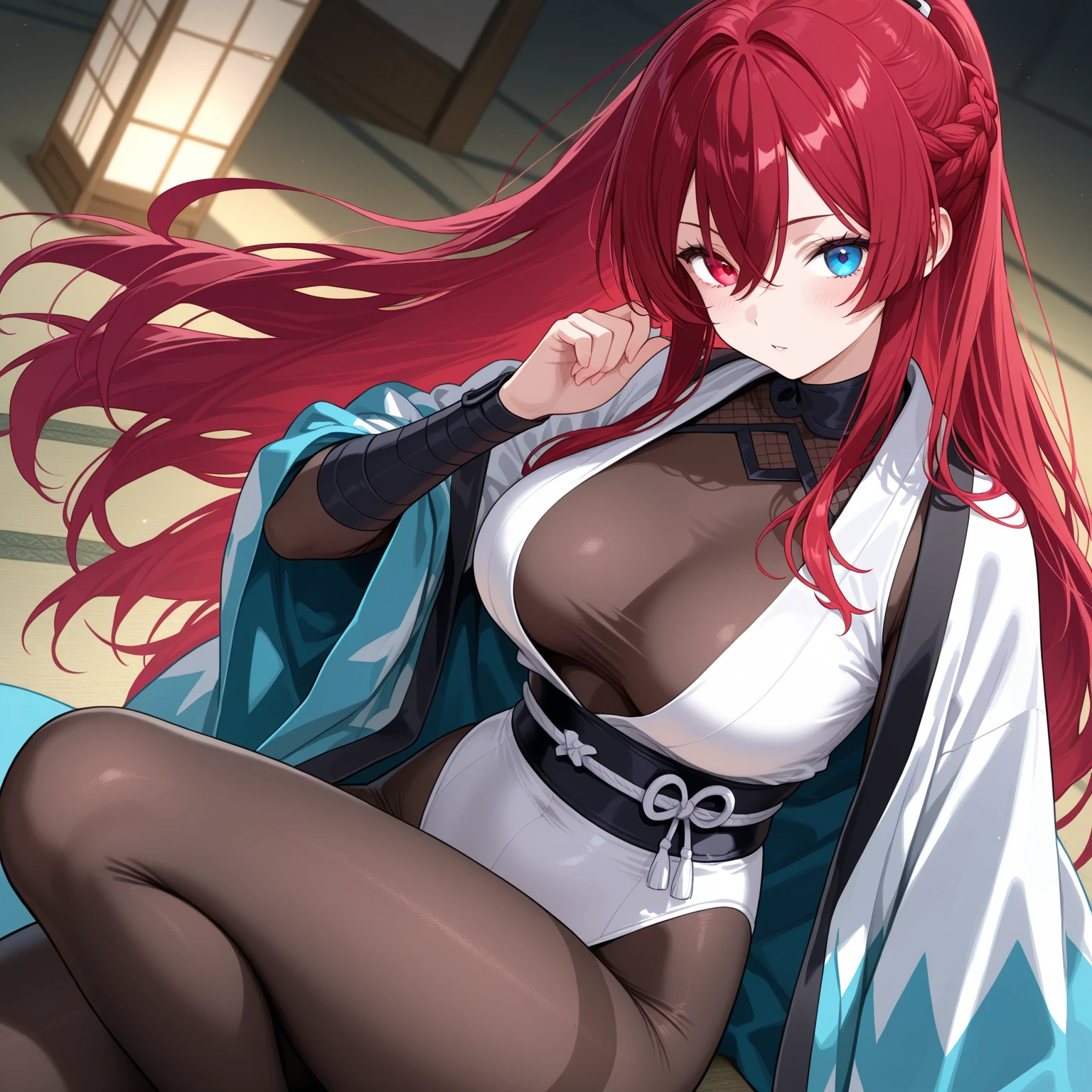 (​masterpiece、top-quality,8K, High resolution, Ultra-detailed)、独奏、1girll、Look at viewers、 (open one's legs、A MILF,Grabbing the crotch,SFW)、Lustrous skin、Shiny skin、Detailed skin、Silky skin、Female Maduren、Female Maduren,Beautiful Finger,beautiful long leg,Beautiful body,((jelobaiken, amputee, eyepatch, one-eyed, black jacket, black kimono, open clothes, japanese clothes, sash))