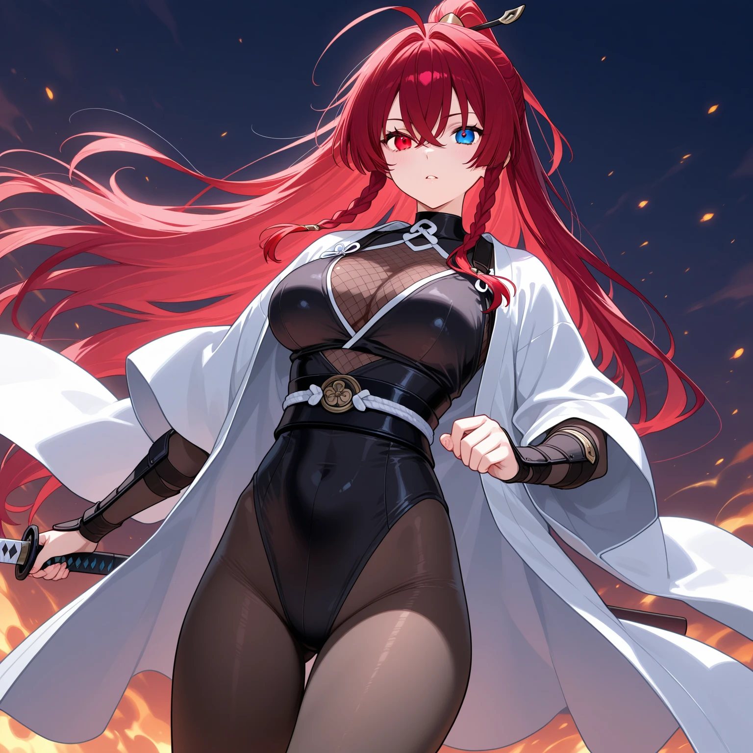 masterpiece, best quality, 1girl, long hair, big bust, very long red hair, yellow eyes, transparent clothes, ((white clothes)) rain, wet, exposed skin, ligerie, ((sexy pose)), white clothes, without pants, fishnet stockings, jewels, ruby earrings, good anatomy, red gloves, boots, heels, evil, emotionless, intimidant, bloody, detailed eyes, dark background, close up, ((detailed eyes)), beautiful eyes, hair bang, frontal look
