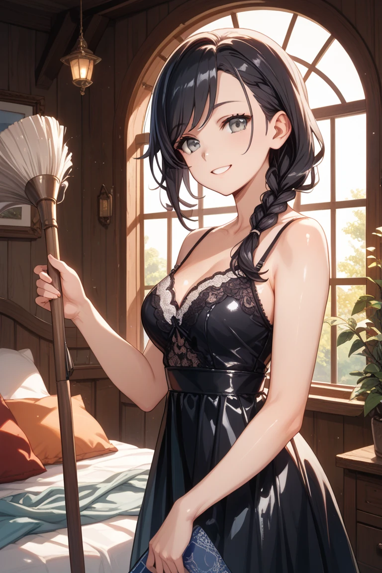 (dynamic angle:1.3, from front:1.1, breast focus:1.3, from below:1.2), (dynamic posing:1.5, sexy posing:1.3, leaning forward), (seductive smiling:1.3),masterpiece, 1girl, pointed chest:1.3,(double breasted:1.2,under bust:1.2), Amazing Cleavage:1.3, thin waist, big ass, Raised sexy, small breast: 1.2 posed cleavage:1.1, looking at viewer, open mouth, black hair, brown eyes, bare shoulders:1.2, collarbone, sidelocks, hairband, sapphire earrings, indoors, red off shoulder sweater dress, arms behind back, short hair with long locks, blue gold hairband, big side hair, very long side hair is rendered in (masterpiece: 1.2, best quality), with (ultra high resolution) and an exquisite (depth of field). This masterpiece is not only visually stunning but also tells,A scene of cooking in the kitchen 
