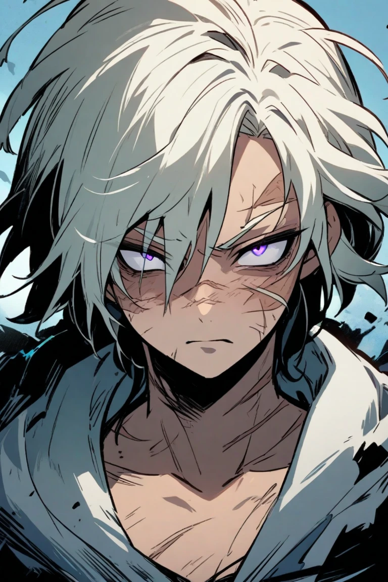 ((best quality)), ((masterpiece)), (detailed), guy, large burn covering eye down to chin on left half of the face, different large scar across bridge of nose, scars on lower face, blue eyes, all WHITE hair, Black clothes, very tired looking, fierce, gloomy, rogue, Dungeons and dragons, blue scarf, around 20 years old, messy hair, chin length hair