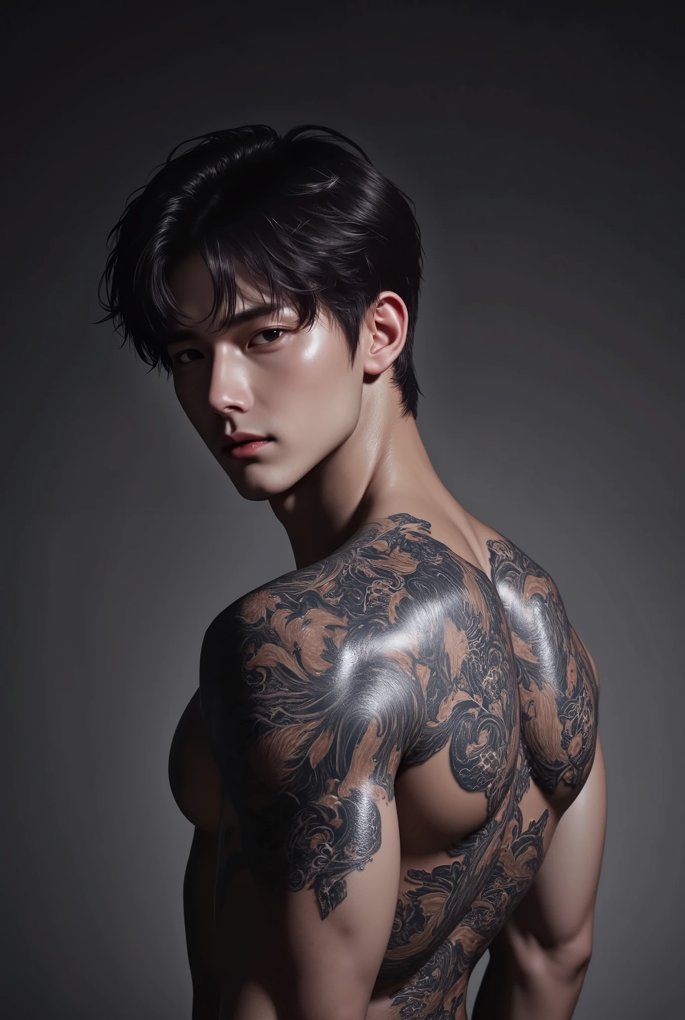 Sexy brunette man with samurai tattoo on his back