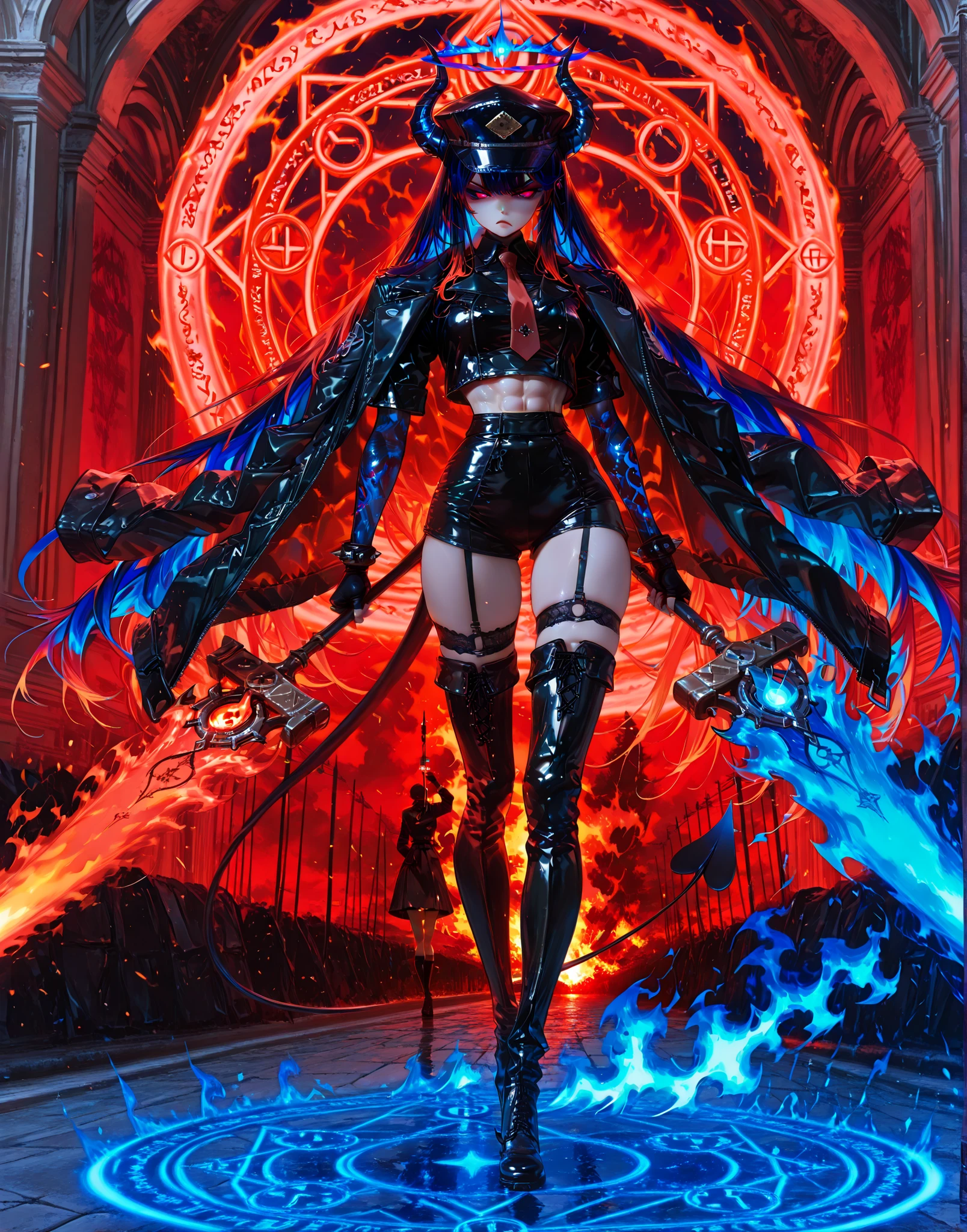 (Masterpiece, best quality), intricate details, JK, highly detailed, intricate details, portrait, split-screen two-panel composition, left side:dynamic pose, leather reflection, blue flame firing field, blue flame Halo above the head, blue flame aura, Magic circle behind your back, 1girl, solo, masterpiece, amazing quality, best quality, ultra-detailed, 8K, illustrating, CG, bioluminescent skin, ultra-detailed-eyes, detailed background, lowlight, sexy face, sharp eyes, tall, long legs, abs, multicolored hair, darkblue hair, very long hair, black leather hotpants, black leather spike long jacket on shoulders, black leather shirt, red leather necktie, black leather neckchocker, black garter stocking, black leather fingerless gloves, black leather military hat, black leather over knee boots, blue flame great sword, flame hair, Ring of blue fire behind your back, demon horns, succubus tail,, right side: dynamic pose, leather reflection, red flame firing field, red flame Halo above the head, red flame aura, Magic circle behind your back, 1girl, solo, masterpiece, amazing quality, best quality, ultra-detailed, 8K, illustrating, CG, bioluminescent skin, ultra-detailed-eyes, detailed background, lowlight, sexy face, sharp eyes, tall, long legs, abs, multicolored hair, darkred hair, very long hair, black leather hotpants, black leather spike long jacket on shoulders, black leather shirt, red leather necktie, black leather neckchocker, black garter stocking, black leather fingerless gloves, black leather military hat, black leather over knee boots, red flame great sword, flame hair, Ring of red fire behind your back, demon horns, succubus tail
