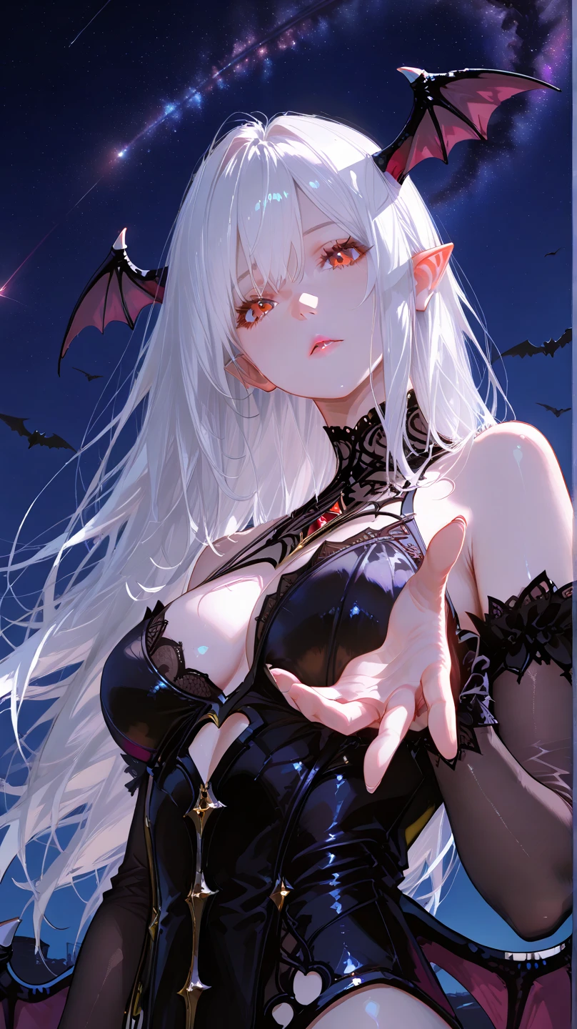 masterpiece, high quality, 4K, Beautiful design, Shiny, from the front, Award-winning photo, Very detailed, Winter World,Finer details, Confused, Very knowledgeable woman, Very detailed eyes and face, alone, 1 female,devil'wing,Cat ear, Shiny, Big Breasts,Big Breasts,Big Breasts,dress, Abdomen is visible , Night view,Garden at Night,Starry Sky,full moon,Gold embroidery,