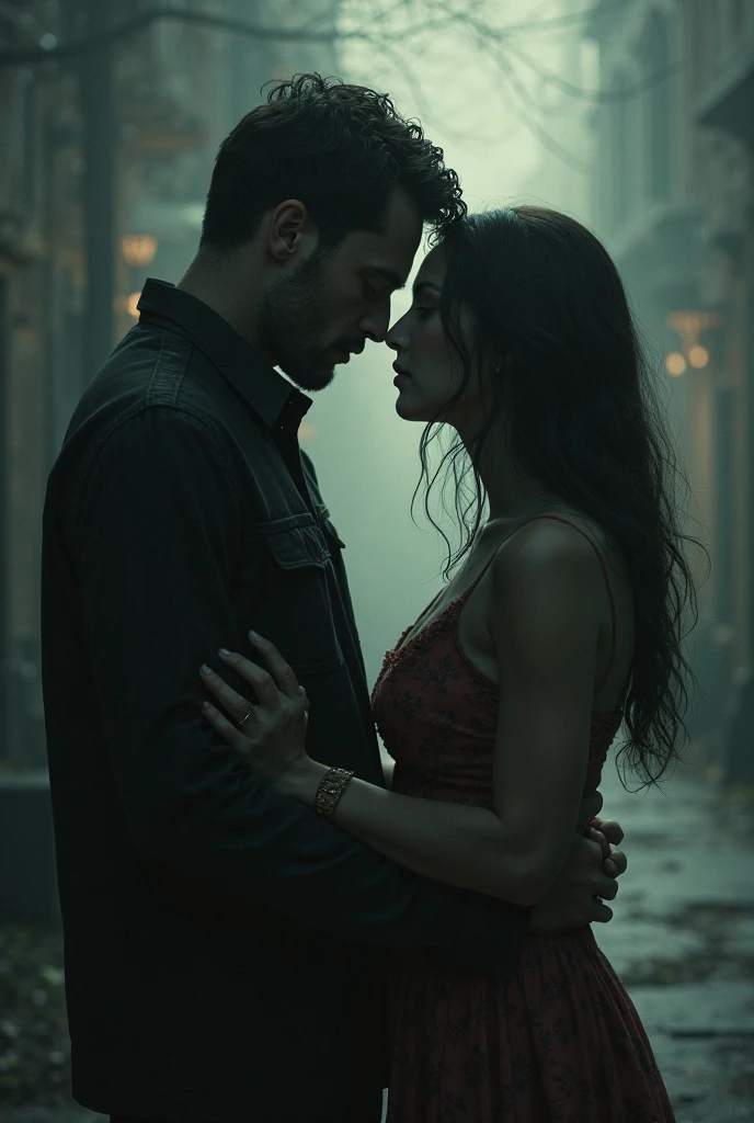A girl on a guy's shoulders, the girl is scared because the guy has kidnapped her. The guy and the girl are adults. The girl is wearing a torn red dress.