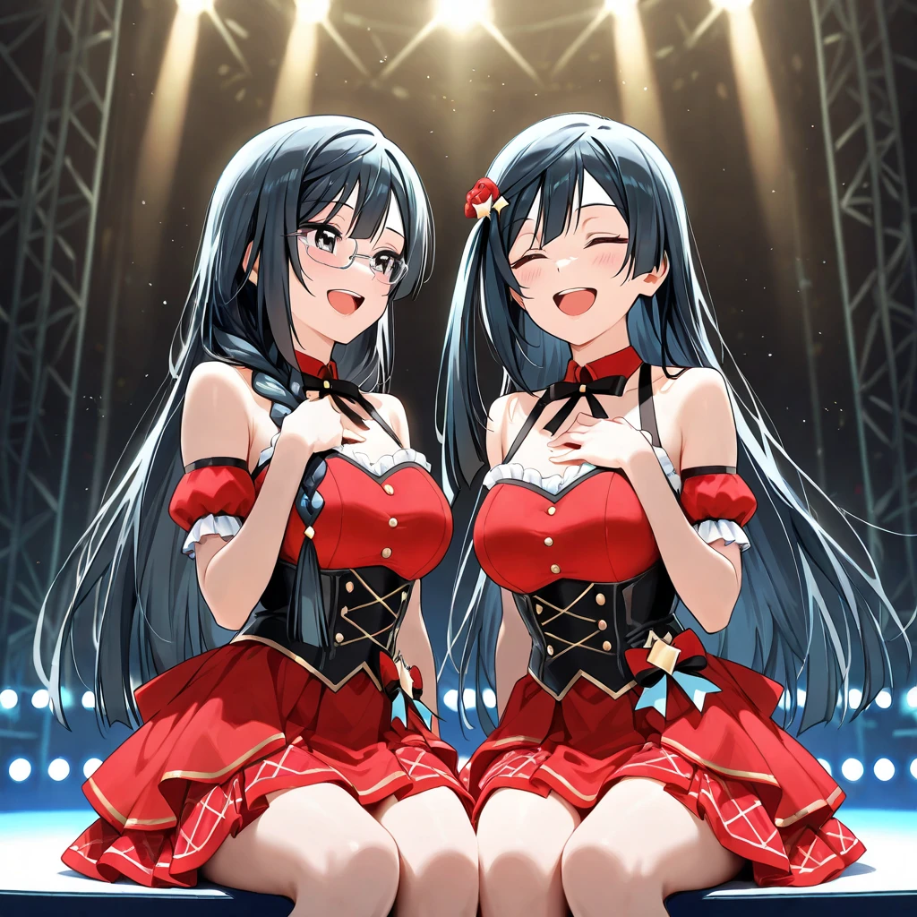 an idol girls band on bright colorful stage, members in matching cute outfits with short skirts and thigh-high stockings, energetic choreographed dances in sync, making animated facial expressions while singing with heart hand gestures, lights shining dramatically from behind, audience of adoring fans waving glow sticks in the foreground, vibrant j-pop aesthetic with bold graphics and visual effects, highly detailed and delicately rendered anime art style, BREAK (Note that straight objects should be generated in straight lines.:1.4), (16k, UHD, HDR, raw photo, photo realistic:1.2, masterpiece), (ultra-high resolution, absolutely detailed:1.2), (highly detailed, extreme detailing, precision detailing), (professional photography, full colors, studio-caliber color grading), BREAK Highly detailed face, Bishoujo, Symmetrical eyes, highly detailed eyes, light makeup, anatomically correct, nice hands, perfect hands, Perfect fingers, 4fingers, 1 thumb,