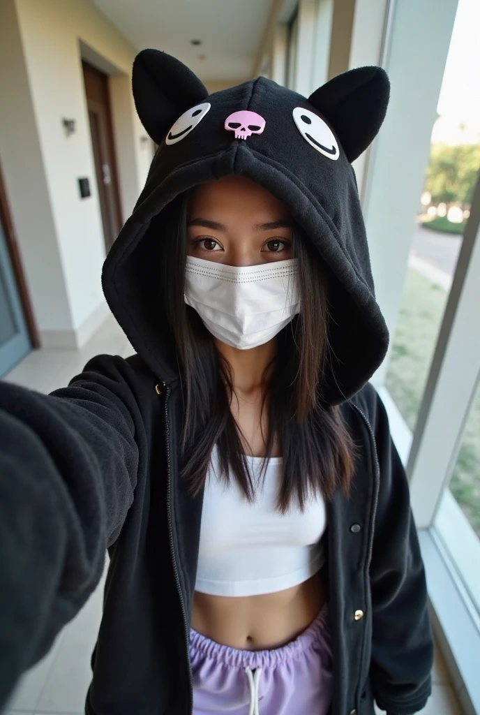 Sexy girl with long black hair taking a selfie in black mask and white shirt with a gray beanie