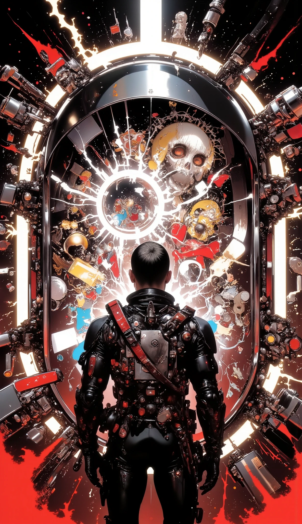 A man in a black astronaut suit in a time machine observes the flow of the space-time continuum