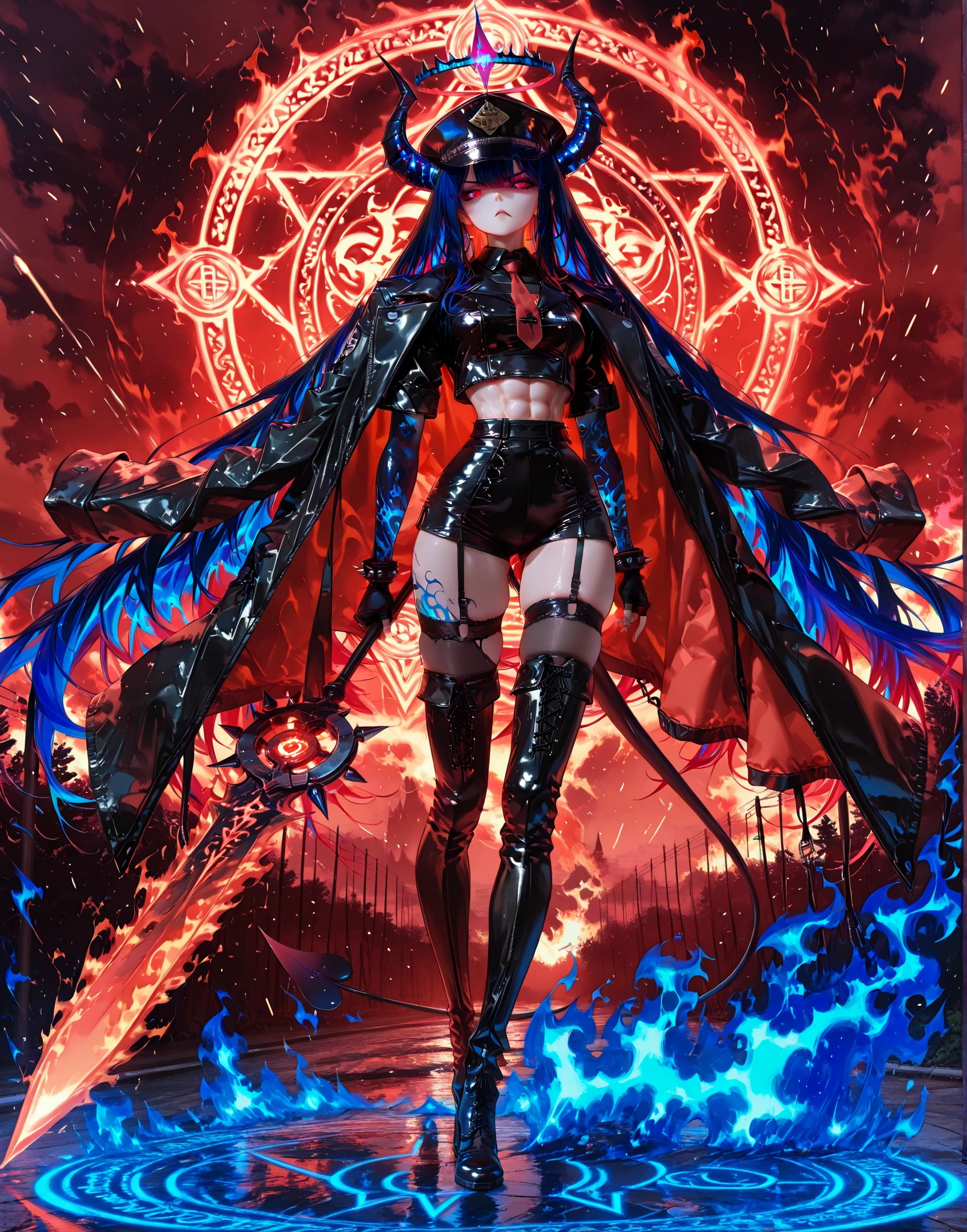 (Masterpiece, best quality), intricate details, JK, highly detailed, intricate details, portrait, split-screen two-panel composition, left side:dynamic pose, leather reflection, blue flame firing field, blue flame Halo above the head, blue flame aura, Magic circle behind your back, 1girl, solo, masterpiece, amazing quality, best quality, ultra-detailed, 8K, illustrating, CG, bioluminescent skin, ultra-detailed-eyes, detailed background, lowlight, sexy face, sharp eyes, tall, long legs, abs, multicolored hair, darkblue hair, very long hair, black leather hotpants, black leather spike long jacket on shoulders, black leather shirt, red leather necktie, black leather neckchocker, black garter stocking, black leather fingerless gloves, black leather military hat, black leather over knee boots, blue flame great sword, flame hair, Ring of blue fire behind your back, demon horns, succubus tail,, right side: dynamic pose, leather reflection, red flame firing field, red flame Halo above the head, red flame aura, Magic circle behind your back, 1girl, solo, masterpiece, amazing quality, best quality, ultra-detailed, 8K, illustrating, CG, bioluminescent skin, ultra-detailed-eyes, detailed background, lowlight, sexy face, sharp eyes, tall, long legs, abs, multicolored hair, darkred hair, very long hair, black leather hotpants, black leather spike long jacket on shoulders, black leather shirt, red leather necktie, black leather neckchocker, black garter stocking, black leather fingerless gloves, black leather military hat, black leather over knee boots, red flame great sword, flame hair, Ring of red fire behind your back, demon horns, succubus tail