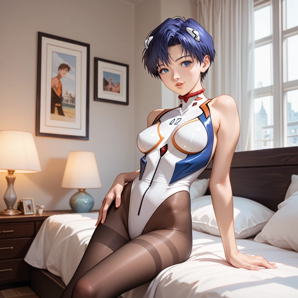 Motoko Kusanagi, short blue hair, inverted bob hair, arafed asian woman in a blue top laying on a white chair, japanese model, young sensual gravure idol, young skinny gravure idol, realistic young gravure idol, young pretty gravure idol, medium breasts