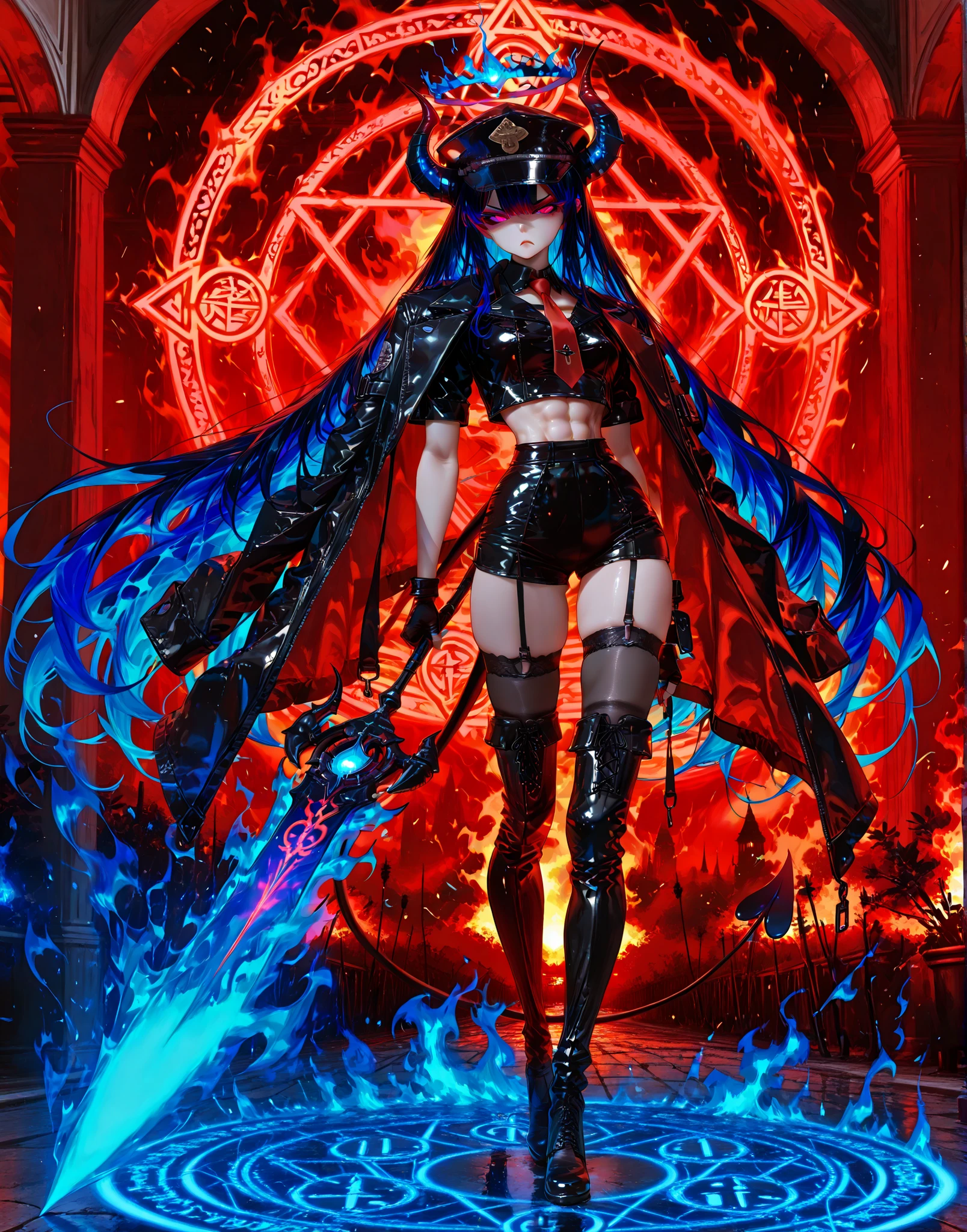 (Masterpiece, best quality), intricate details, JK, highly detailed, intricate details, portrait, split-screen two-panel composition, left side:dynamic pose, leather reflection, blue flame firing field, blue flame Halo above the head, blue flame aura, Magic circle behind your back, 1girl, solo, masterpiece, amazing quality, best quality, ultra-detailed, 8K, illustrating, CG, bioluminescent skin, ultra-detailed-eyes, detailed background, lowlight, sexy face, sharp eyes, tall, long legs, abs, multicolored hair, darkblue hair, very long hair, black leather hotpants, black leather spike long jacket on shoulders, black leather shirt, red leather necktie, black leather neckchocker, black garter stocking, black leather fingerless gloves, black leather military hat, black leather over knee boots, blue flame great sword, flame hair, Ring of blue fire behind your back, demon horns, succubus tail,, right side: dynamic pose, leather reflection, red flame firing field, red flame Halo above the head, red flame aura, Magic circle behind your back, 1girl, solo, masterpiece, amazing quality, best quality, ultra-detailed, 8K, illustrating, CG, bioluminescent skin, ultra-detailed-eyes, detailed background, lowlight, sexy face, sharp eyes, tall, long legs, abs, multicolored hair, darkred hair, very long hair, black leather hotpants, black leather spike long jacket on shoulders, black leather shirt, red leather necktie, black leather neckchocker, black garter stocking, black leather fingerless gloves, black leather military hat, black leather over knee boots, red flame great sword, flame hair, Ring of red fire behind your back, demon horns, succubus tail