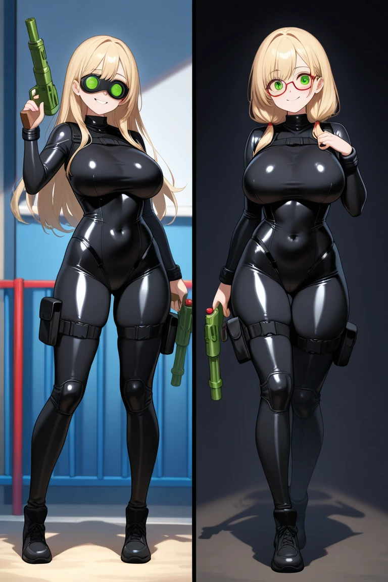 Slime girl, (slime), Slime hair Double buns hair style, Pumpkin Orange, weapon belt, Masterpiece, Best Quality, gigantic breasts, slime girl, slime girl, purple hair, lavender hair, yellow clothes, weapon belt around waistline, rifle, long rifle, AR-15 Rifle, assault rifle, exposed yellow bra, yellow clothing, wearing yellow clothing, fully body view, tight yellow dress, Rifle in hand, mature woman, gorgeous, perverted, sexy, yellow dress, exposed chest, exposed bra, exposed breast, black boots/heels, gold bracelets around wrist, holding rifle, aiming with rifle, tactical stance, tactical gear, sweaty body, long legs, tall woman, lustful yellow eyes, yellow lingerie ,plump soft breasts , upward view