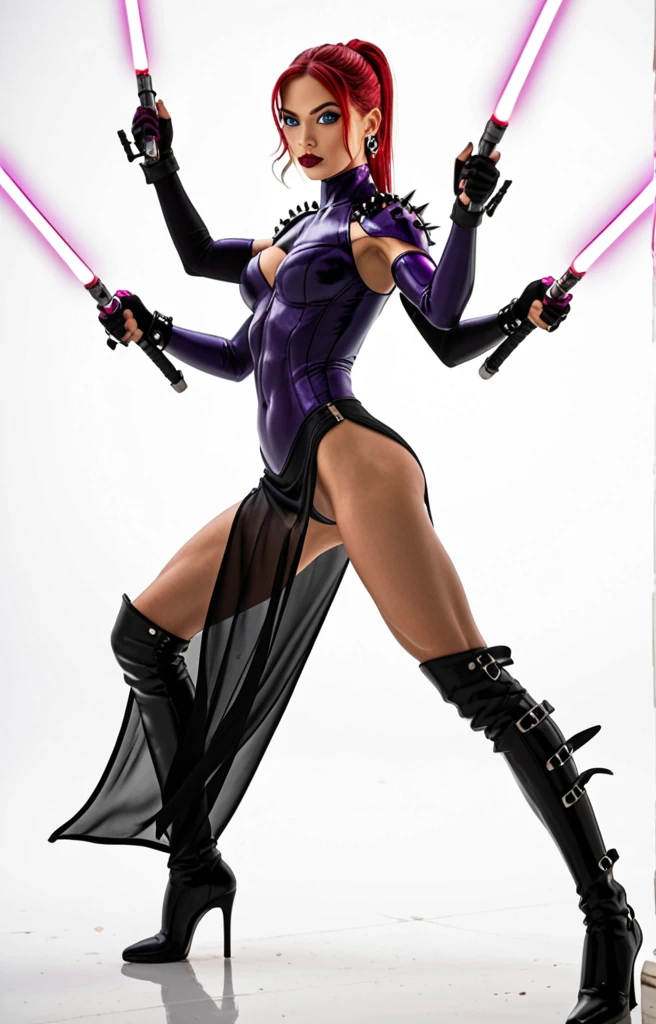 (full body photo, standing, feet on the ground), Sara has large breasts, (black with golden parts/ninja costume/mini capus on the head/extremely tight on the body/ninja mask on the face, ninja emblem on the breast, extremely exhibitionist), tattoos on the body, blood on the clothing, ninja weapons, closed fists, in battle position, is in a macabre temple at night raining hard with clouds in the sky and thunder, her hair and clothes are soaked, she has ((very short purple spiky hair, blue eyes)), ninja weapons, anime, reflection light, 16k, best quality, high details, anatomically correct, UHD, masterpiece, ccurate