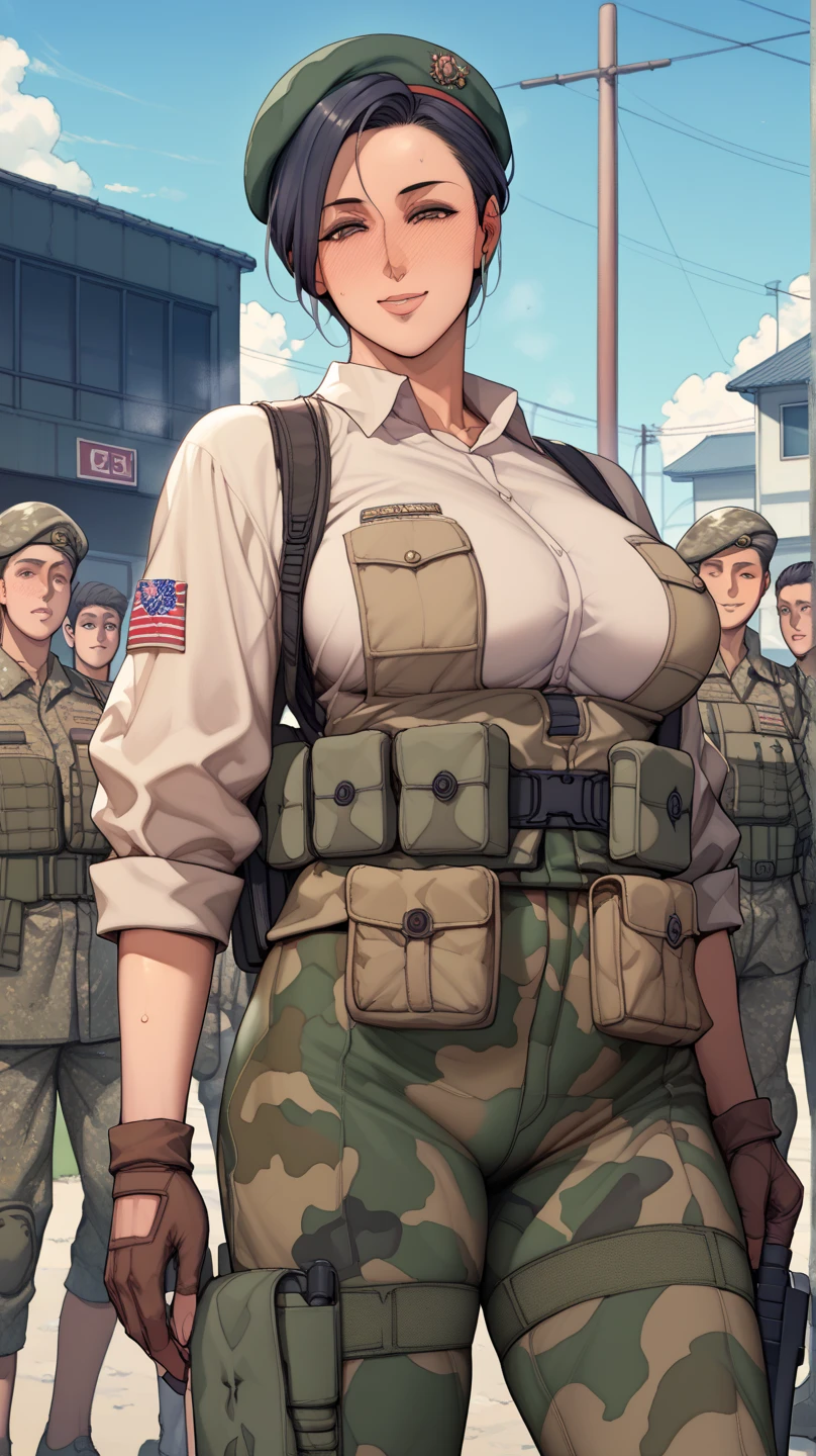 group of female soldiers, war photography, (cinematic lighting:1.1), highest quality, photo of (group of fully dressed really tanned 20yo sexy muscular female army special forces with taut clothing military top, ponytail hair, running holding a rifle), (bouncing breasts, motion lines, motion blur), too tight military shirt, medium_boltedontits, perfectly round breasts, breast implants, unaligned breasts, perfect face, parted lips, dumb expression, (wearing military Combat uniform, battlepack, boots:1.2), athletic body, on the battlefield, fake tits