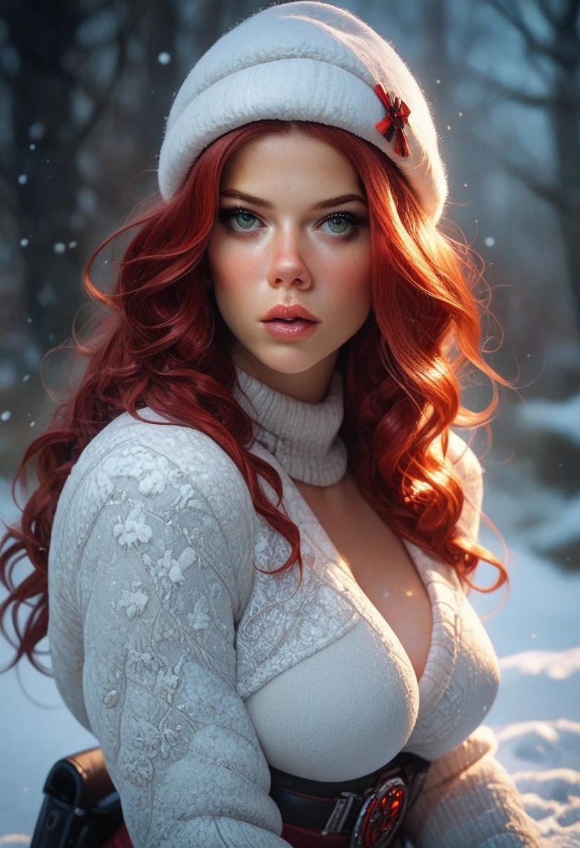 photo of beautiful nicolek-1450:0.99, a woman, ((outdoors, forest, snow):1.2), ((turtleneck sweater dress):1.2),((cowboy shot, waist, hips, thighs):1.1) ((best quality, masterpiece):1.2), ((red lips, eye shadow, eyeliner):1.1), (photorealistic:1.2) (best quality) ((detailed eyes, detailed face):1.2)(intricate details) (8k) (HDR) (cinematic lighting) (sharp focus), closeup