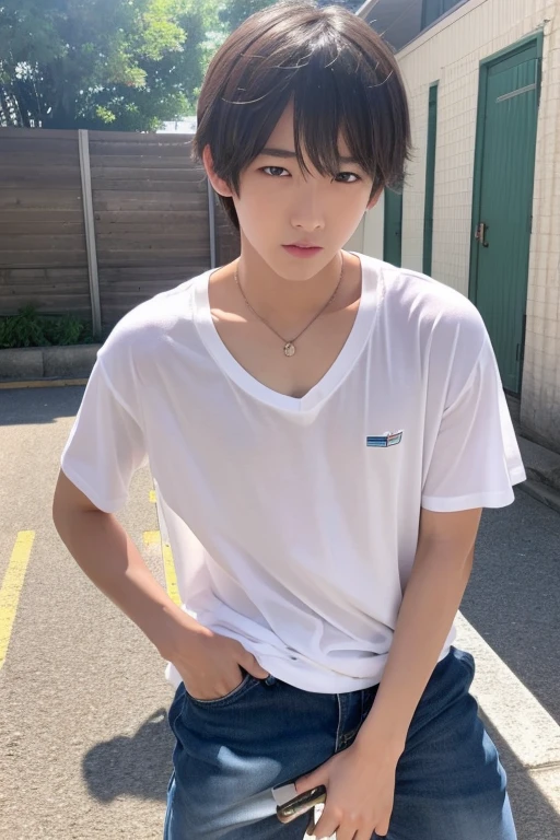 Anime big, brown hair, standing, in white t-shirt, in underwear