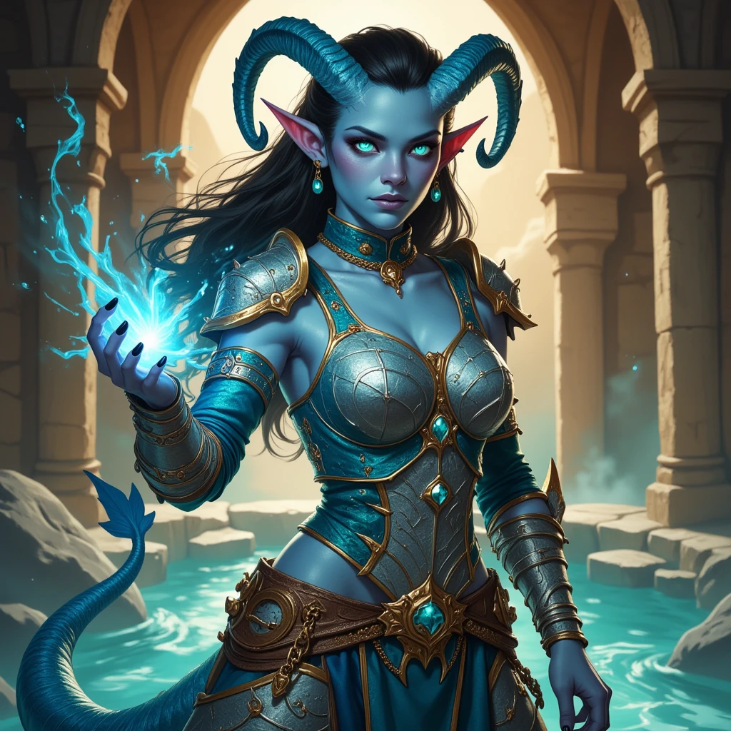 Aquatic female tiefling battle mage with a pale blue iridescent skin, subtle fish-scale patterns, glowing turquoise eyes, and two horns matching her skin tone. Gills visible on her neck and behind the ears; ears shaped like large external gills. Long dark hair flowing behind her. Her tail is long and muscular with small fins, side gills, and a leaf-shaped fin at the tip for aquatic maneuvering. Wearing elegant silver and cobalt-blue armor with gold trim, magical coral filigree and embedded pearls. Thin golden chains connect chestplate to pauldrons and waist. Sharp black tiefling nails. Casting bright blue magic from her hand. Background: warmly lit fortress interior with arched stone architecture.
Teal (accessories).
Highlight: When casting, the runes on the chains and armor glow electric blue (#4D8EFF).