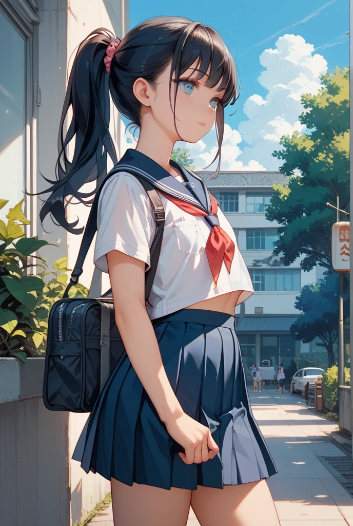 (A high school girl bigger than a building crushes a building), Japanese sailor suit, navy pleated skirt, citizen's perspective, perspective from below, masterpiece, high definition, high school girl bigger than a building