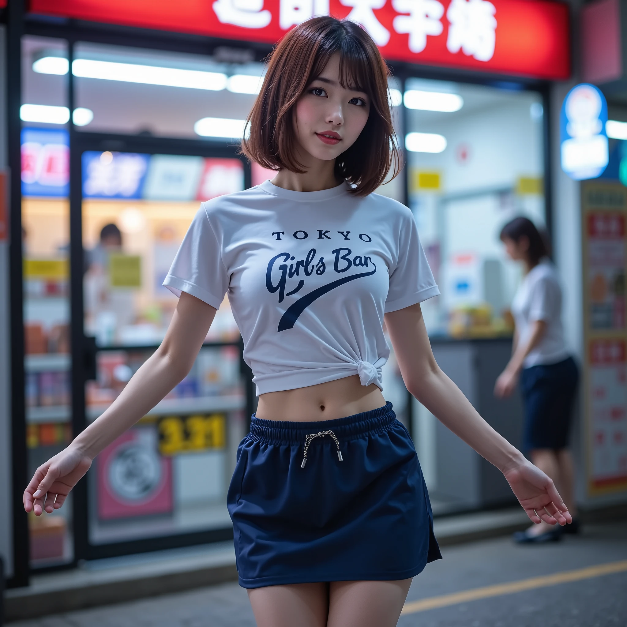 8K,Masterpiece,Convenience Store Uniforms,(alone),30 years old,(Japanese women)、One Woman、Smile,Slender figure,Small breasts,Shapely breasts,Light Brown Hair,ponytail,Realistic、Mature Woman,Realistic face、Lawson