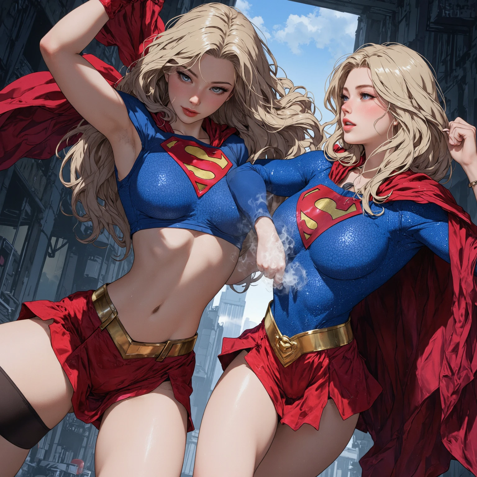 Arte Oficial, Unity 8k papel de parede, ultra detalhado, Beautiful and Aesthetic, Beautiful, master part, best quality, (Zemaranhar, mandala, emaranhado, emaranhar), 1girl, (Supergirl), MILF BBW, rabo de cavalo loiro, olhos azuis, pequeno, capa vermelha, saia vermelha, Botas vermelhas, tampo azul, seios grandes, Clavicle exposed, exposed neck, cintura exposta, Voando acima da paisagem urbana, gota de suor, Desviando o olhar, Cyberpunk, adicionar_detalhe, Supergirl, tempestade, epic scene,Detalhes complexos, hiper sexualizada, Hiper provocativo, , Sorriso, hiper lolita, Sagging , Sagging Tits , Clivagem profunda, Cameltoe completo, Hiperresolución, sardas cheias, thick, juicy lips, Olhos grandes, roupas mal reveladoras, mamilo exposto, expor pelos pubianos
