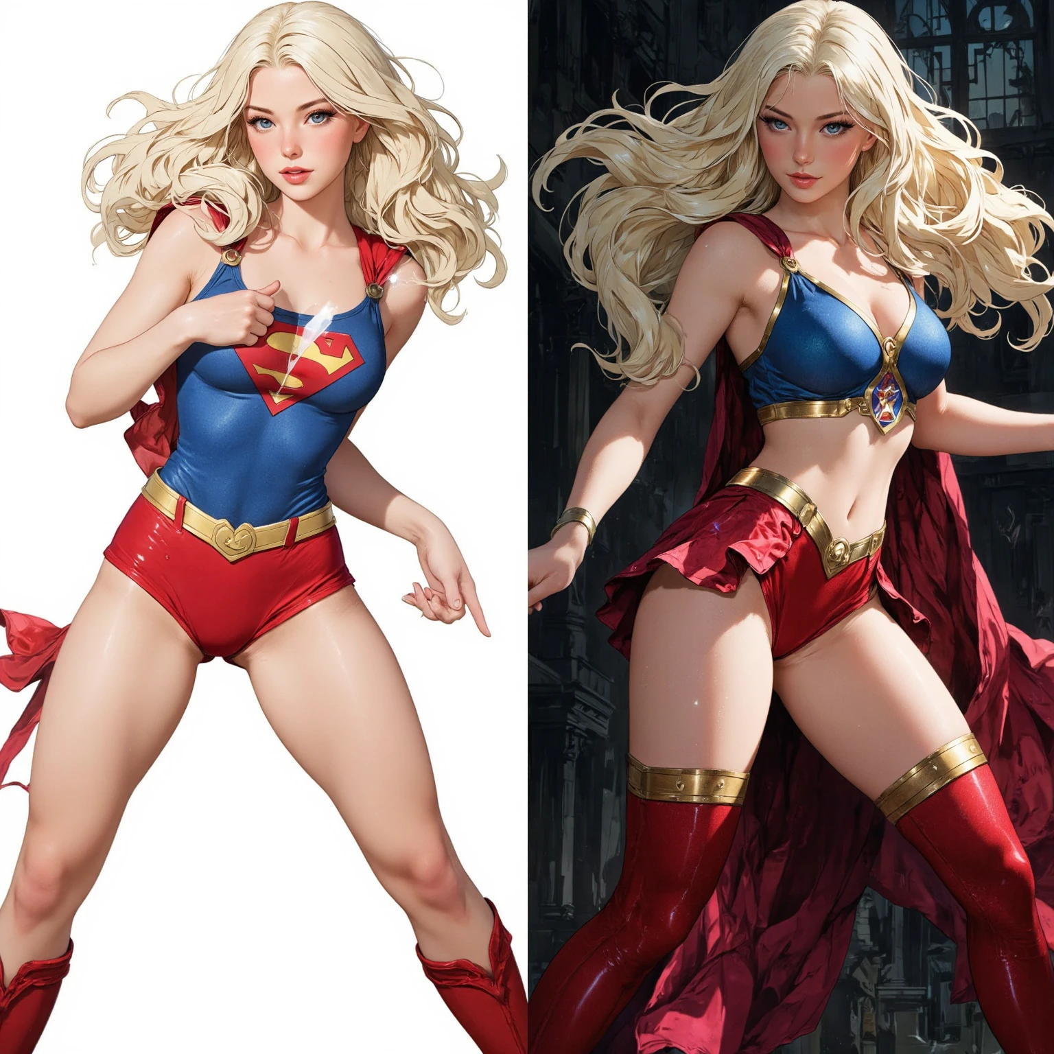 full body portrait, Wonder Woman, 1980s \(style\), 1girl, long blonde hair, retro artstyle, long wavy hair, solo, Peach, unbutton_shirt, (natural_breasts:1.2), medium_breasts, cleavage, full body shot, white top, model pose, shoes visible, ass view, face view, multiple views