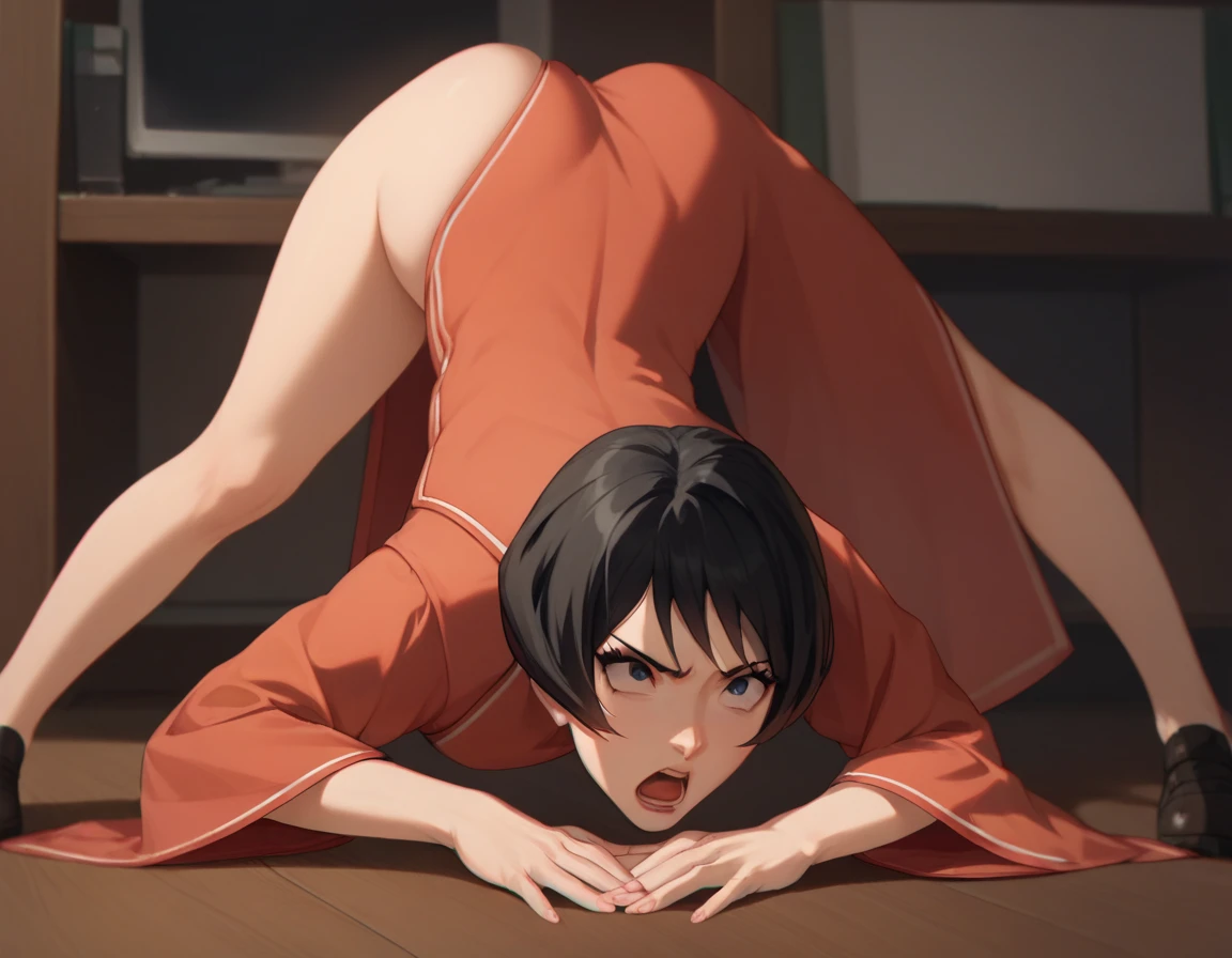 Anime style, japanese style, better quality possible, masterpiece: nude naked young brunette woman aleathory angelical face, she smile, see her back, show her perfect  butt , open legs see bellow hairy pubic area pussy. ambient: living room medieval house, she stand in doggystyle position her back view bends over, crouches on all fours (usually on hands and knees), or lies on their abdomen, for sexual intercourse