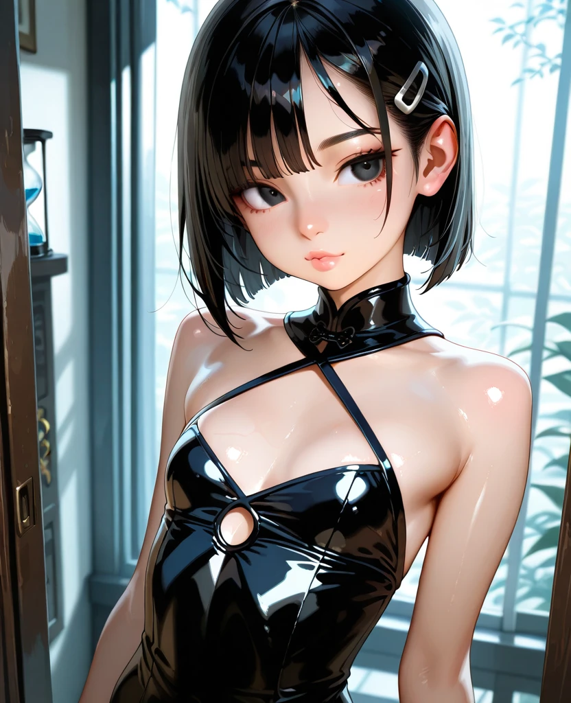 masterpiece, Highest quality, （One woman, 35 years old）、8k、（Lewd）、High leg leotard、latex、Lying on your back、Crotch Emphasis、Spread your legs、Nipple swelling、Crotch line、Love juice、Smirk、Drooling from the mouth、Futanari、Penis erection、 squirting from the tip of the penis、(White mucus seeps out of the leotard)、、Bukkake