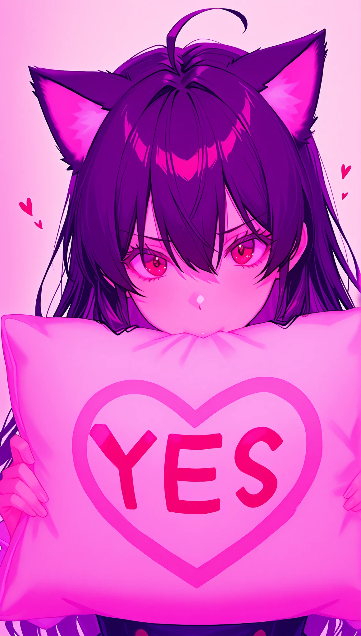 una chica, sola, alone , red eyes, black hair, cat ears, blows, hair between eyes, long hair, , (Ahoge), straight bangs, hair between eyes,
Yes-pillow, heart, la almohada tiene el texto de "NEO" en grande y mayúsculas