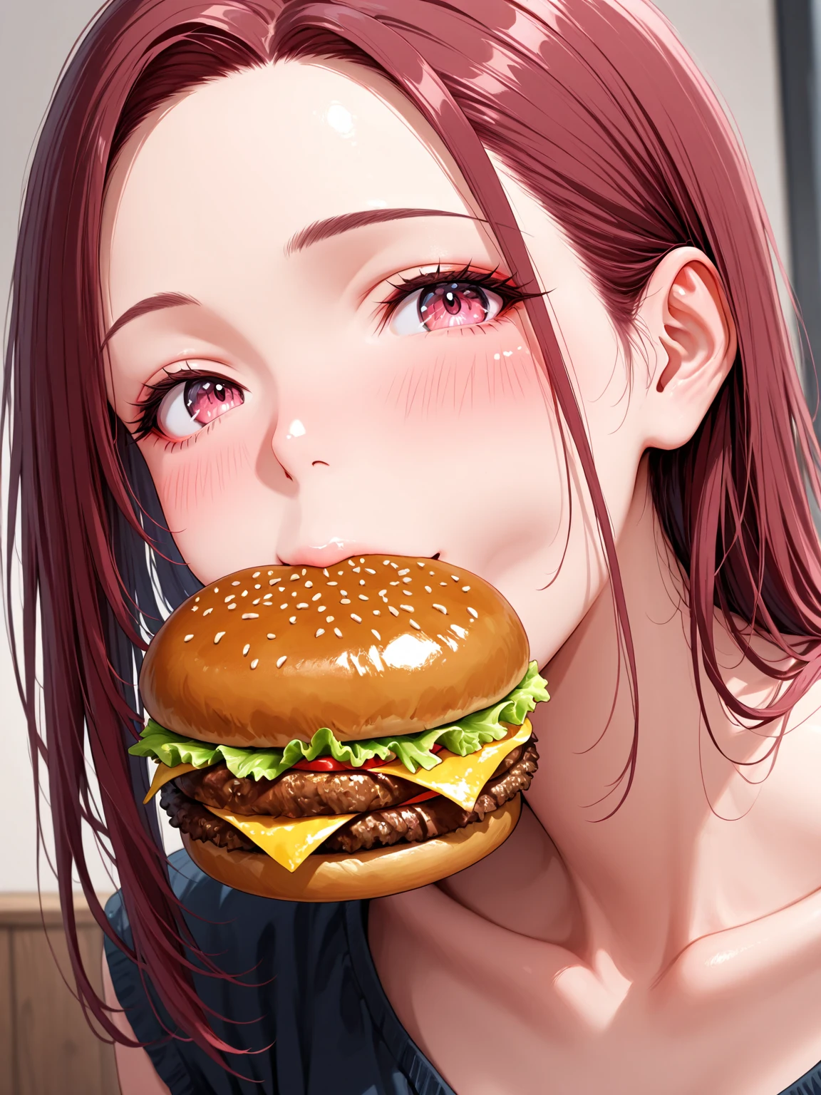 1girl with long brown hair, pink eyes, pink lips, big breasts, black dress with deep decolletage, smiling, indoors, curls, burger caffe, hold burger, ketchup on breasts