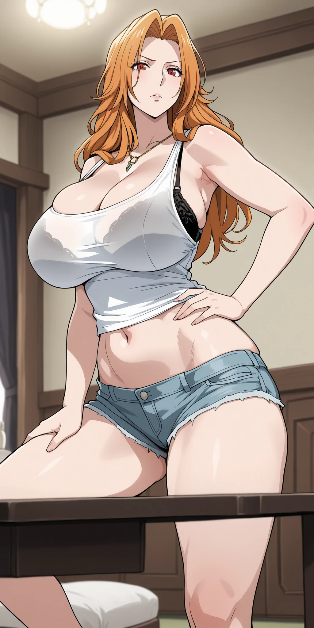 Lacy Lemon, pretty woman, curly ginger hair, midriff, white cloth hotpants,tank top, short shorts, freckles, large breasts, rubenesque, thigh high striped socks, far shot, covered nipples, green eyes, white background, blank background