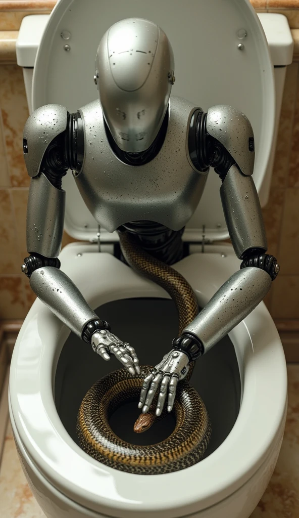solo 4k wide bathroom interior (full-body photo) of the thinker statue by rodin, chubby robocop <lora:hjocprobocop_v10xl:1.1> (sitting on the toilet:1.3) (leaning forward with elbow on knee and chin resting on knuckles), (the thinker pose by rodin:1.1), bathroom interior, detailed masterpiece, <lora:Alec Soth style:0.5> <lora:AdvancedEnhancerXL:0.6> movie still, film still, cinematic, cinematic shot, cinematic lighting, 35mm film, <lora:Gregory Crewdson Style:0.5> <lora:Grit-SDXL:0.6> grit on walls, scuffed chrome, , stains on tiled bathroom floor,