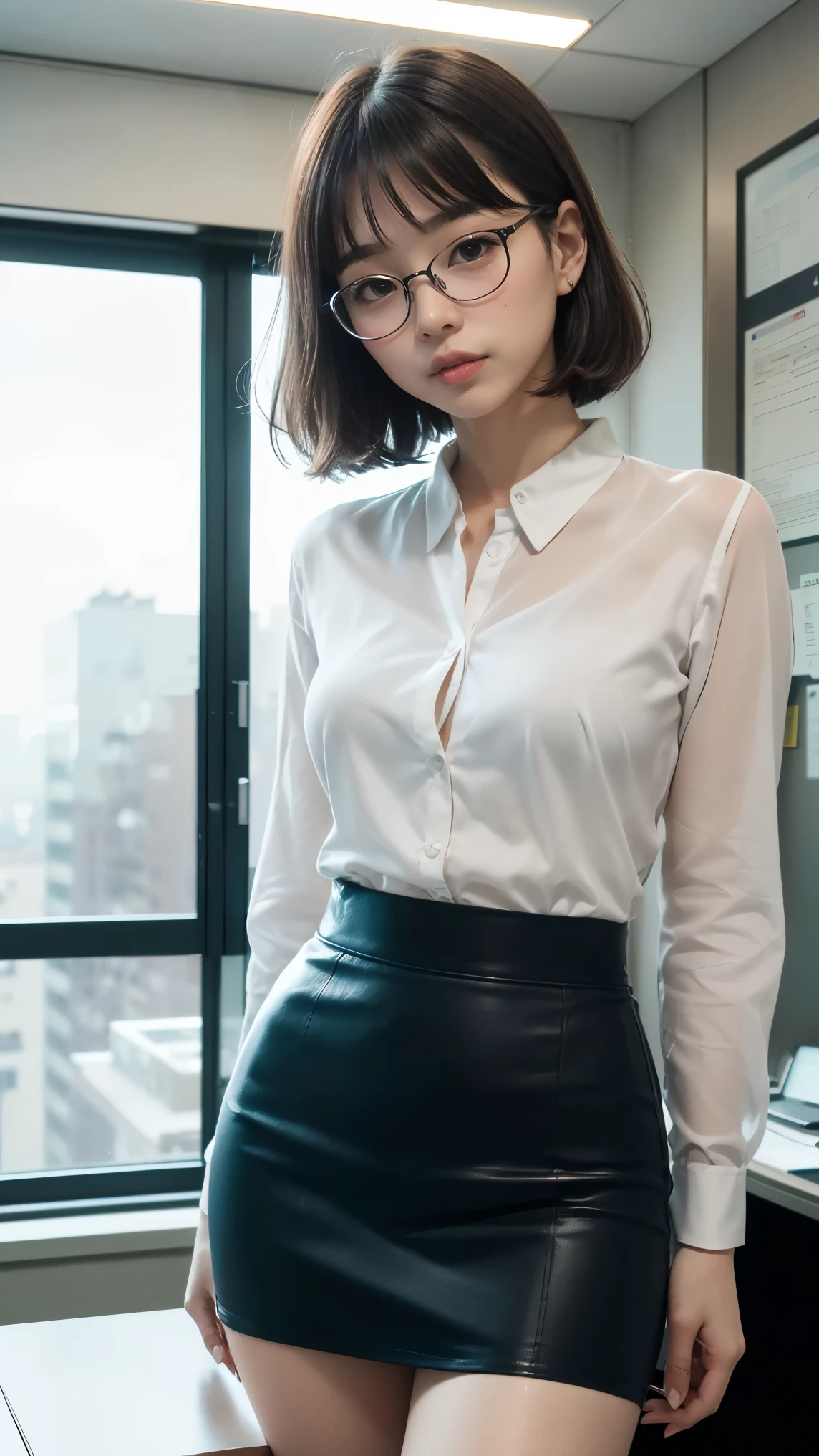Sitting cross-legged on a classroom chair, looking up at me、Japanese women、30 year old teacher、White blouse with pencil skirt、pumps、head shot、Full body photo、first-person view, close-up, uhd, anatomically correct, super detail, high details, best quality, 16K