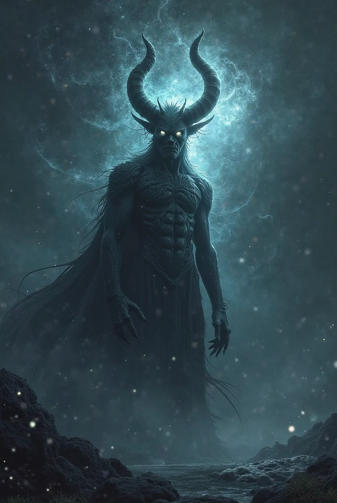 Extraterrestrial Celestial Creature 
Alien deity
Faceless 
Faceless 
Completely black body with stars on its body
3 horns,
No mouth, no mouth
