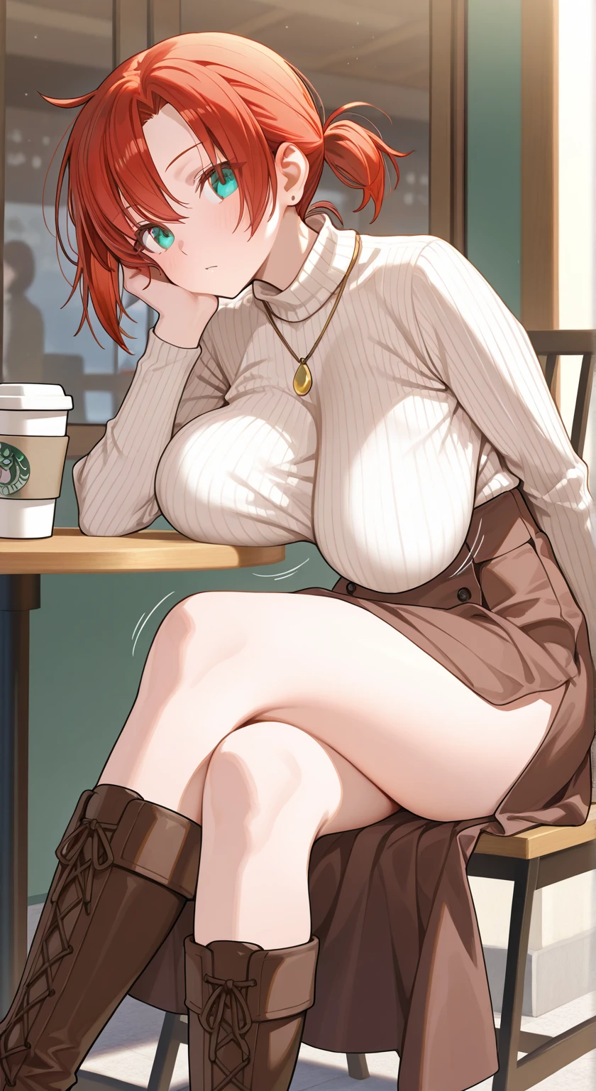 One woman,Big Breasts,Red hair,short hair,Black off-the-shoulder sweater,Tight denim skirt,Cafe,sit cross-legged on a chair