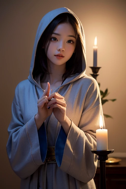 ((Best quality, 8K, Masterpiece :1.3)), Sharp focus :1.2,Little girl in a monk's robe，Temple，Light orange and dark brown tones，original style，high saturated，solid color backdrop