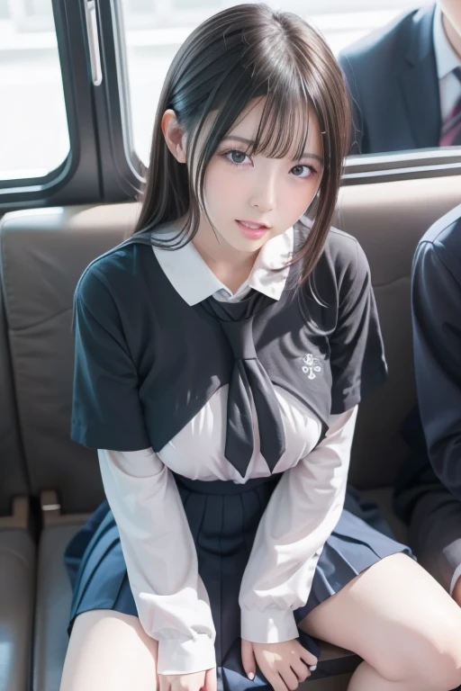 Train_women sitting_chair under_skirt underwear panties_visible pantyshot glowing thighhighs、((masterpiece)), ((Highest quality)), ((High resolution)), subway、school uniform、Large Breasts、Big Tits、Very large breasts、Raped、After sex、おまんこからSemen leaks、A lot of semen、Semen leaks、afterwards、Raped女性