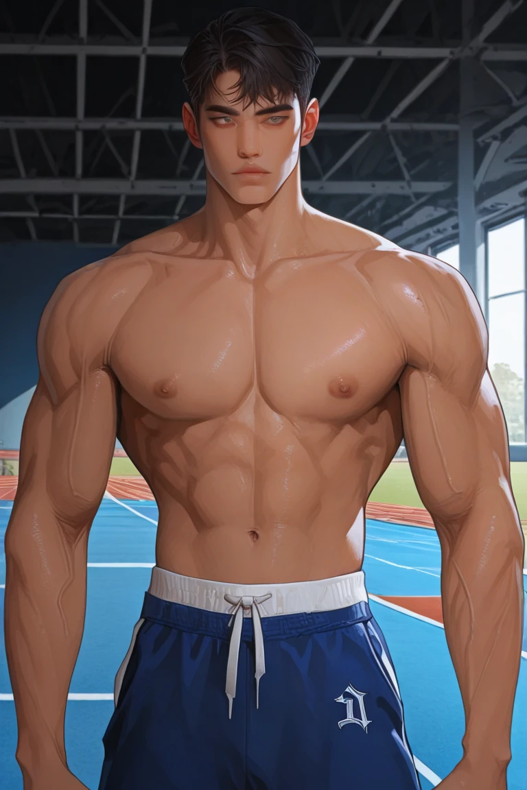 beautiful adult Indonesian college guy, hairy body, wearing clear glasses, military crew cut, in tight outfit, outside on track field, ((slim, muscular)), photorealistic, photo, masterpiece, realistic, realism, photorealism, high contrast, photorealistic digital art trending on Artstation 8k HD high definition detailed realistic, detailed, skin texture, hyper detailed, realistic skin texture, armature, best quality, ultra high res, (photorealistic:1.4),, high resolution, detailed, raw photo, sharp re, by lee jeffries nikon d850 film stock photograph 4 kodak portra 400 camera f1.6 lens rich colors hyper realistic lifelike texture dramatic lighting unrealengine trending on artstation cinestill 800,