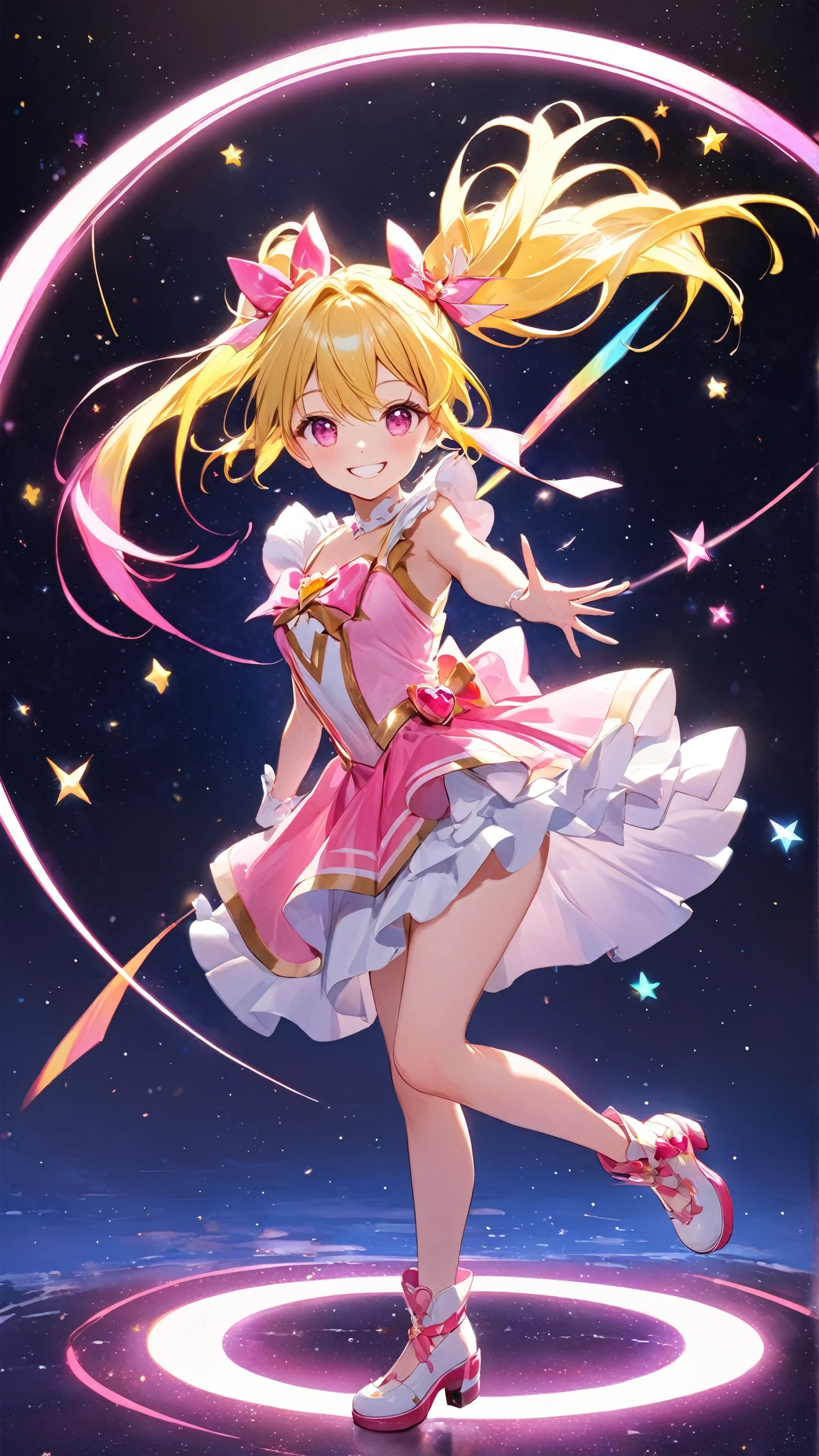 photo realistic, (masterpiece,best quality:1.4),(8k,raw photo,photo realistic:1.2),Not Safe for Work, detailed skin,detailed face,1girl,princess,Alice in Wonderland,cute face, super resolution,retro realistic details Illustration,
((( holding weapon, weapon is hammer, ))), A hammer imbued with magical power, ((yellow, checkered, frilled, yellow layered, yellow mini skirt, overskirt)), ((White ruffle apron)), ((shiny wavy hair)), diadems, ankle boots, doress, (((is turning))), (yellow frilled shirt), yellow gothic dresses, shairband, shortsleeves, the bow hair, happy, ;p, medium bob, (blonde hair), ((wavy hair)), shimmering eyes, ((Blue eyes)),  ((yellow shairband)), (((skirt-lift))), melting smile, a smile, red blush, yellow Doress, Alice (Alice in Wonderland), (((cape))), White frilled legwear, ((yellow the Bow)), Puffy Sleeves, Bangss, shortsleeves, ((yellow bow ribbon)), (long hair), (White frilled apron), (((tiara))),  White frilled legwear, frilld, yellow gothic dresses,: q, ((Heart necklace)), ((ring)), masterpiece, top-quality, not safe for work, , child, 14 yo, braided bangs, arm garter, baby face ,twinkle in the eye, flat chest,
yumekawa,yumekawaii,pastel color,(wonderland:1.3),imagination, floating many (musical notes:1.4) with score, colorful musical notes, ((light Pink background)), (Multicolored lights),magic circlel, (((trading card))),