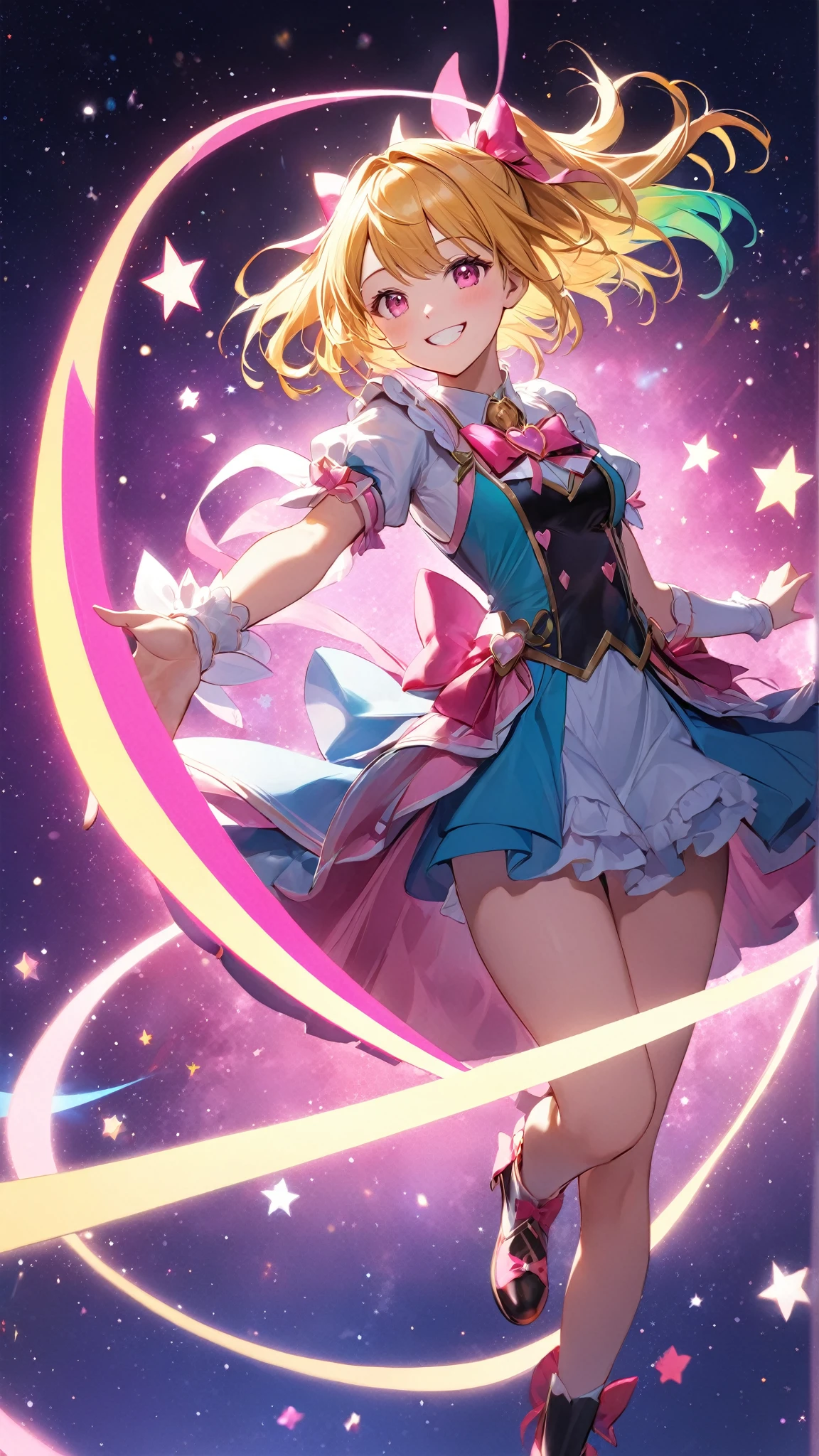 (1girl), (magical girl:1.4), flat chest, victory pose, glowing eyes, masterpiece, best quality, high res, crazy smile, confident expression, gloves, thigh highs, hair ornament, (navel), summoning a weapon, cloudy sky background, blonde hair, energy blast, skirt, anime style, tough battle, heart jewelry, (tattoo on underbelly)