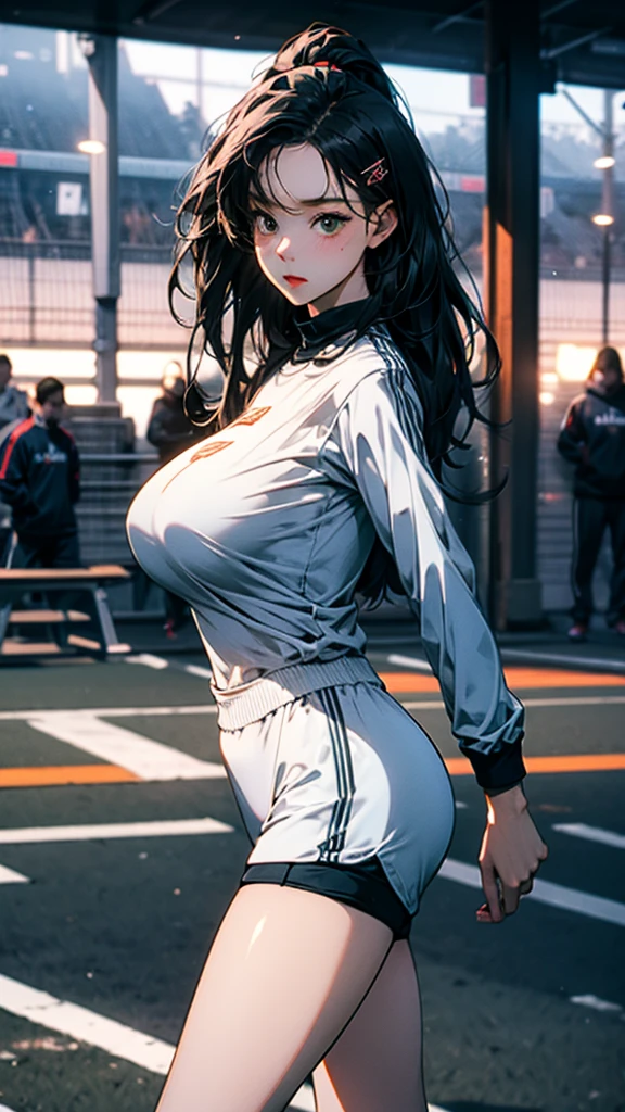 1girl, absurdres, high res, extremely detailed ultrasharp, 8K, masterpiece, city background, looking at viewer, thighs, breasts, big breasts, sideboob, long hair, multicolored hair, makeup, open jacket, underwear, ear piercings, hair ornament, sweatpants, transparent