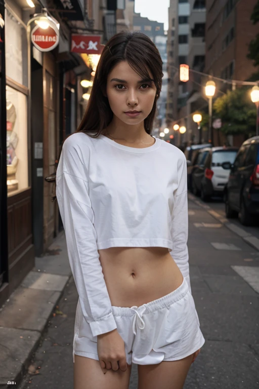 photography of a 20yo woman, perfect face, masterpiece, wearing sexy shorts, designer dress, standing in roadside ,in pose, with clear background