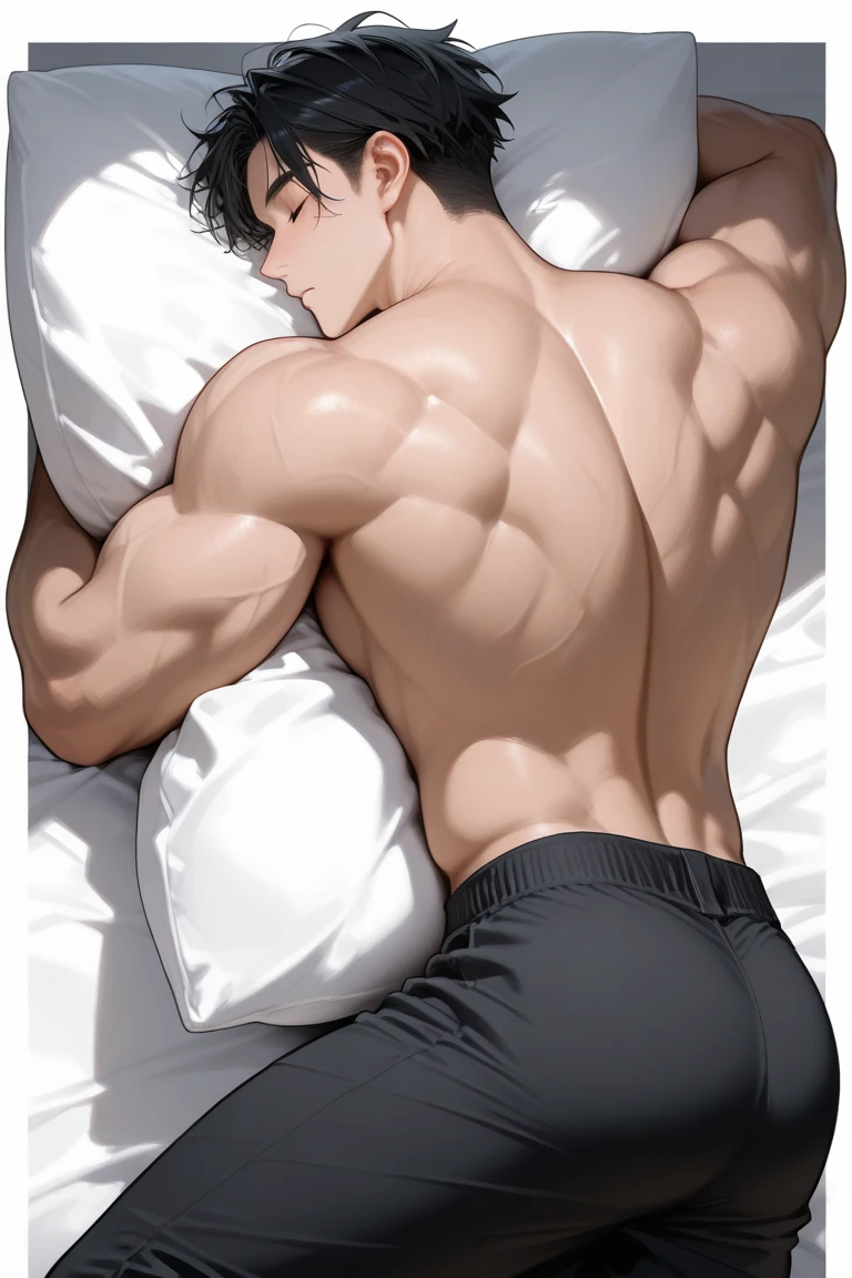 Anime style A young guy of 25 years old sleeps in bed, lying on his stomach, covered with a corner of the sheet that has slipped down, beautiful round buttocks are visible, a strong athletic body, sweat on the buttocks, hot, twilight, Correct anatomy, aesthetically pleasing, beautiful, masterpiece, Focus on the buttocks, Rear bottom view oil painting